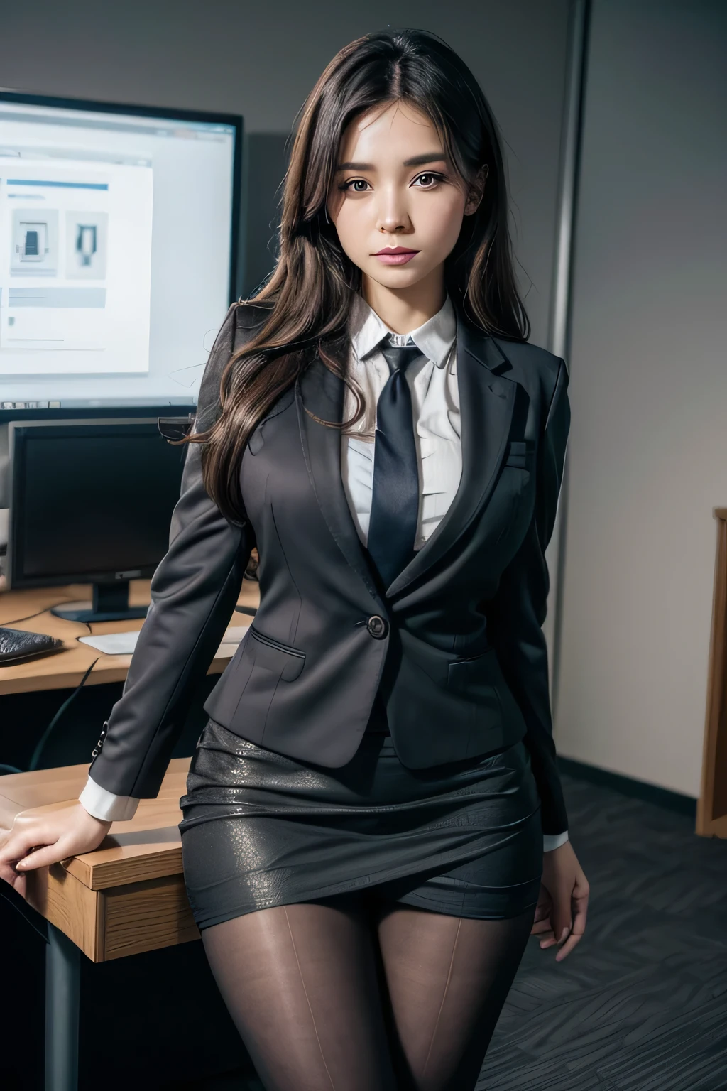 Woman working in the office　wearing a suit with tight skirt　I have tights on my feet　The background is the office, UHD, retina, masterpiece, ccurate, anatomically correct, textured skin, super detail, high details, high quality, award winning, best quality, highres