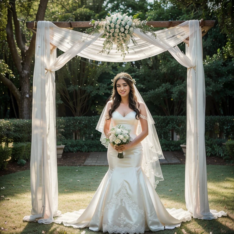 (best quality,4k,8k,highres,masterpiece:1.2),ultra-detailed,(realistic,photorealistic,photo-realistic:1.37),a 6-foot-tall woman in a white wedding dress,long white gloves, and a white garland,going to the wedding ceremony,beautiful detailed eyes,beautiful detailed lips,extremely detailed eyes and face,long eylashes,bouquet of fresh flowers,sunlit outdoor garden venue,vintage garden arch,pastel color palette,elegant lace details,soft, romantic atmosphere,whimsical elements,delicate veil flowing in the wind,joyful smiles and happy tears of wedding guests,traditional wedding vows,classical music playing softly,lush greenery and blooming flowers around her,twinkling fairy lights illuminating the scene,ethereal and dreamy ambiance,bride's radiant and confident expression,serene and peaceful surroundings,gentle breeze caressing her hair,graceful and elegant posture,sun rays filtering through the trees,creating magical light patterns,a sense of anticipation and excitement in the air,feeling of love and unity,beautifully decorated wedding aisle,white wooden chairs for guests,memorable and enchanting moment captured in time.