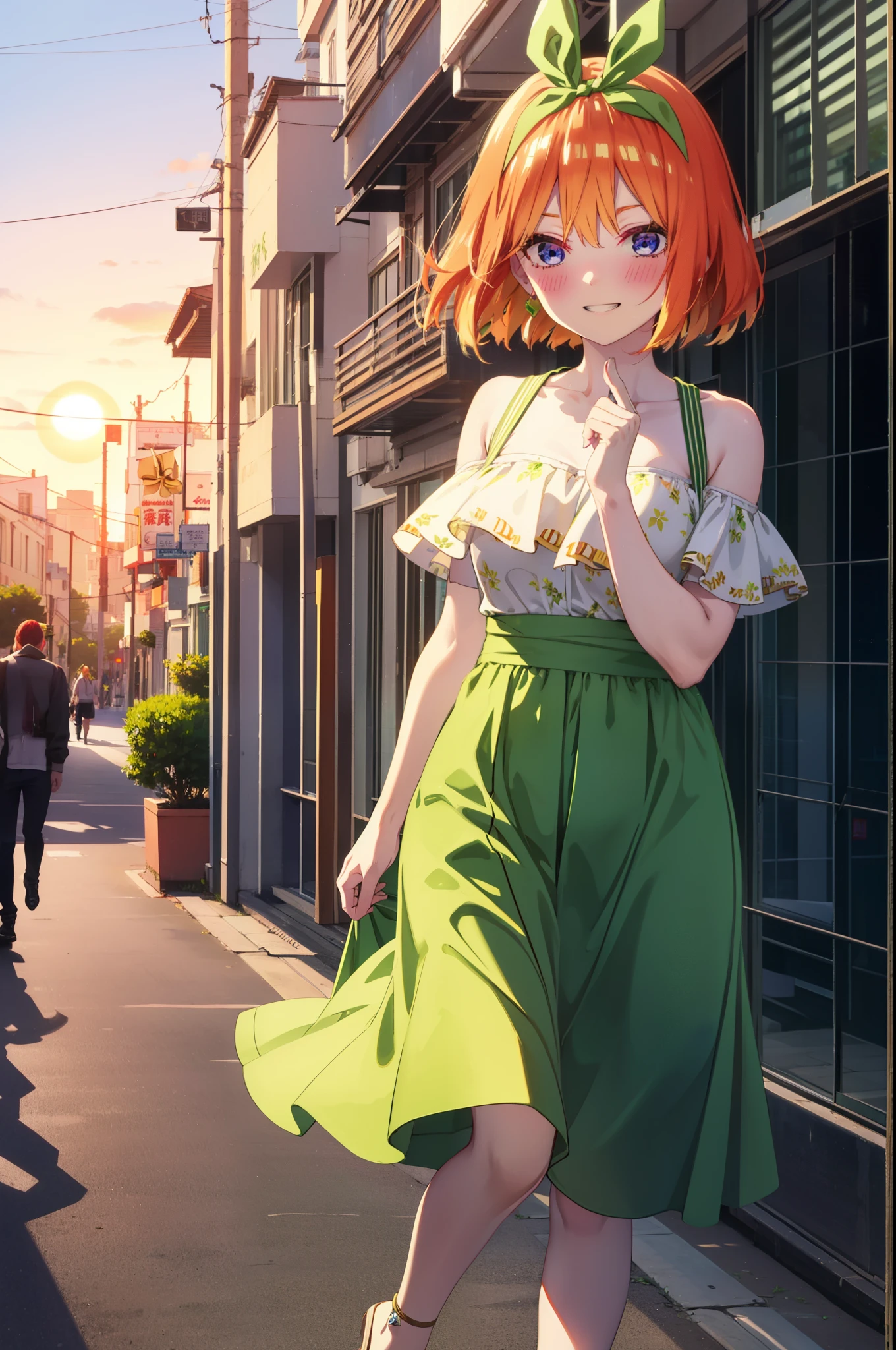 yotsubanakano, yotsuba nakano, bangs, short hair, blue eyes, Hair between the eyes, Hair Ribbon, hair band, Orange Hair, (Green ribbon:1.5), smile, Grin,smile,Sleeveless green dress,Bare arms,Green long skirt,Cute heeled sandals,sunset,evening,The sun goes down,My hair is blowing in the wind,whole bodyがイラストに入るように,Looking down from above,Walking,
break outdoors, city,海岸通り
break looking at viewer, whole body,
break (masterpiece:1.2), highest quality, High resolution, unity 8k wallpaper, (shape:0.8), (Beautiful details:1.6), Highly detailed face, Perfect lighting, Extremely detailed CG, (Perfect hands, Perfect Anatomy),