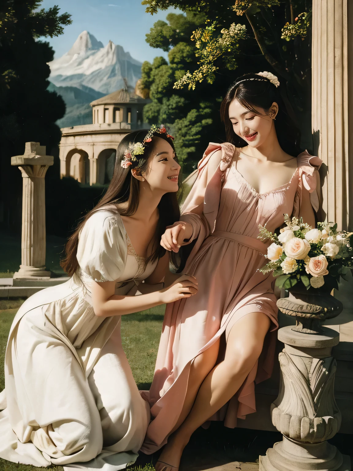 Female angel with two white wing,full body portrait or statue、Sandro Botticelli painting style,Arguments of two female Philosophe,math、astronomical machine、astronaut、roses in vase、fruits、Cute trinkets、smile、ancient greek costume、Ancient Roman landscape in the style of Nicolas Poussin,laughter,,Sweet and seductive appearance.、Caravaggio's paintings、Chiaroscuro of Caravaggio、hair tousled by the wind,Two women frolicking,cute smile, expression of ecstasy,Sexy,erotic