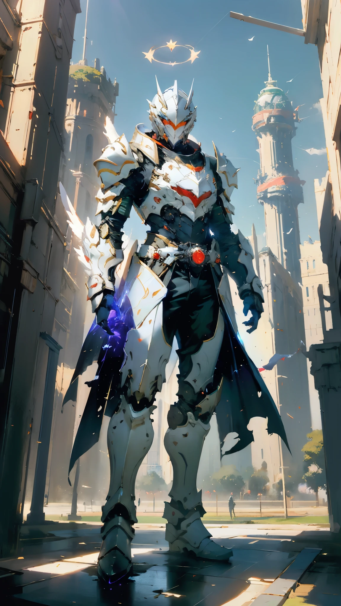 A man wearing a full-face helmet, a fantasy-style biotech armored combat suit, green eyes, (a composite layered chest armor), fully enclosed shoulder guards, matching arm and leg guards, the belt is adorned with Halo, (the color scheme is primarily white with red and blue accents), the design balances heavy with agility, a high-tech bio-mecha armor, (Armor Concept Inspired by Angel, stand on the top of a skyscraper in a futuristic sci-fi city), this character embodies a finely crafted fantasy-surreal style armored hero in anime style, exquisite and mature manga art style, (battle damage, element, plasma, energy, the armor glows), ((male:1.5)), metallic, real texture material, dramatic, high definition, best quality, highres, ultra-detailed, ultra-fine painting, extremely delicate, professional, perfect body proportions, golden ratio, anatomically correct, symmetrical face, extremely detailed eyes and face, high quality eyes, creativity, RAW photo, UHD, 32k, Natural light, cinematic lighting, masterpiece-anatomy-perfect, masterpiece:1.5