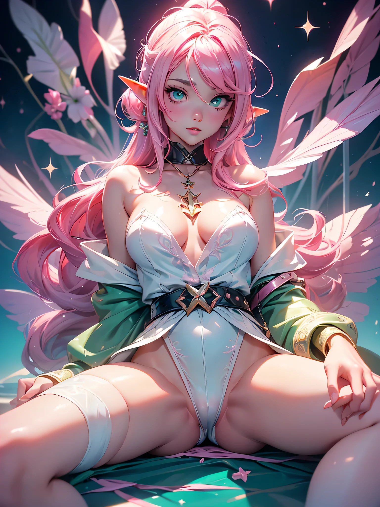 nsfw:1.1, high resolution:1.7, incredibly absurdres, kawaii:1, cute:1.5, hires.fix, anime visual:1, incredibly fine illustration,8k,masterpiece:1.2,best quality, high quality, exquisite, beautiful, insanely detailed, intricate detailed, extremely detailed, Super Definition, ultra high res, Super Resolution, best aesthetic, ultra detailed:1.5, best quality, perfect face, detailed face, masterpiece:1.2, illustration:1.2, 8k cg wallpaper, stunning art,absurdres,octane render,ultra hires,Japanese Actress,(Idol),18yo,Beautiful,(Cute and lovely),cute girl,((anime elf with extremely cute and beautiful pink hair)),((((pink hair:1.35)))),(((green_eyes:1.3))),intricate eyes,beautiful detailed eyes,symmetrical eyes,big eyes:1.5,enchanting bright eyes studded with gold and silver dust,(((pinky and glowing_skin,shiny skin,very shiny skin,shiny body,plastic glitter skin,exaggerated shiny skin,illuminated skin))),upward breasts,waist slender,(detailed body,(detailed face)),cute,daring,zettai ryouiki,show skin,best relationship with four fingers and one thumb,Very Fine Face and Eyes,Very Fine Hair,(Perfect Anatomy),((girl trembling with sexual climax)),Garter Belt,Bare shoulders,Check out our thru-rack chokers and midi rings with chains,Perfect Style, (((Spread your legs, Sit with your knees bent)))), (Open your mouth: 1.5),Attractive feminine body, Beautiful, Beautiful, most famous in the world,Solo, 1 girl, Looking at Viewer, Fine details, Detailed face, pureerosfaceace_v1, Smiling, Half body, See-through underwear, white, long legs, Thin waist, Buttocks, Ultra-fine makeup, ultra-fine clothing material, legs apart