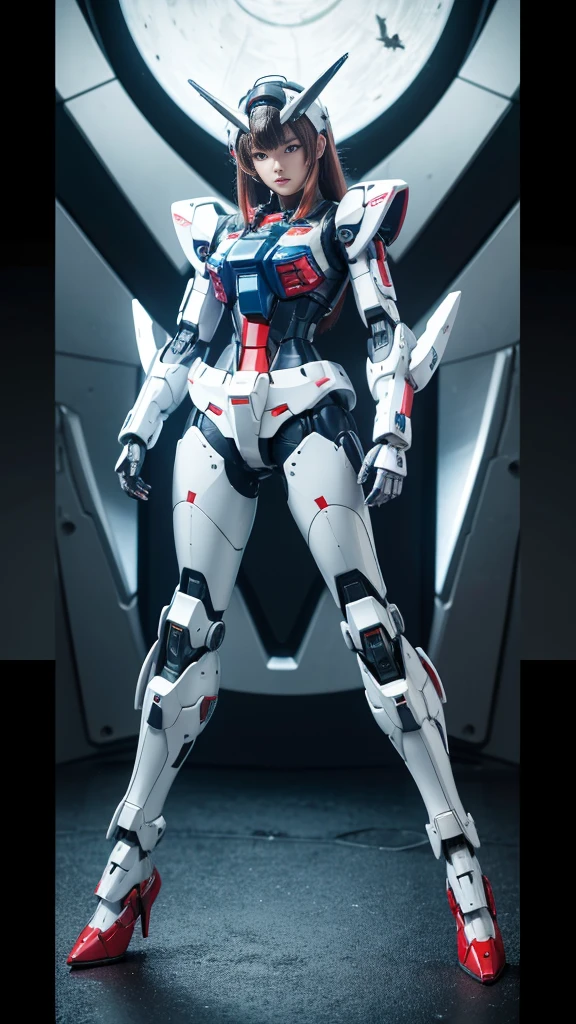 Textured skin, Super Detail, high details, High quality, Best Quality, hight resolution, 1080p, hard disk, Robot Girl,(Gundam Girl),beautiful cyborg woman,Mecha Cyborg Girl,Battle Mode,Girl with a Mecha Body,She wears a futuristic Gundam mecha,Fulll body Shot,Mobile Suit Girl