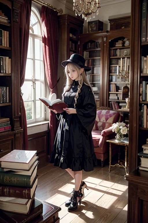 1elf(very cute girl), purple gothic dress, black and white accessories, Hat, Standing, Magic circle glowing at his feet, Inside an old aristocratic mansion, luxurious furniture, Lots of big books floating in the air around her, bookcases filled with many books, The top of the book is glowing