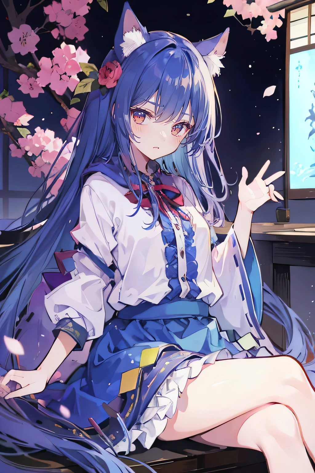 A masterpiece, super detailed, lifelike, expressive eyes, fair skin, perfect face shape, 1 girl, Japanese comics, gorgeous blue flowing hair, flowing clothes, cat ears, petals fall, beautiful loli, baby angel, crossed legs, gentle and peaceful background, the pavilion is cool and comfortable, smiling, wearing a hoodie, background of Tokyo, back views, snowing, winter