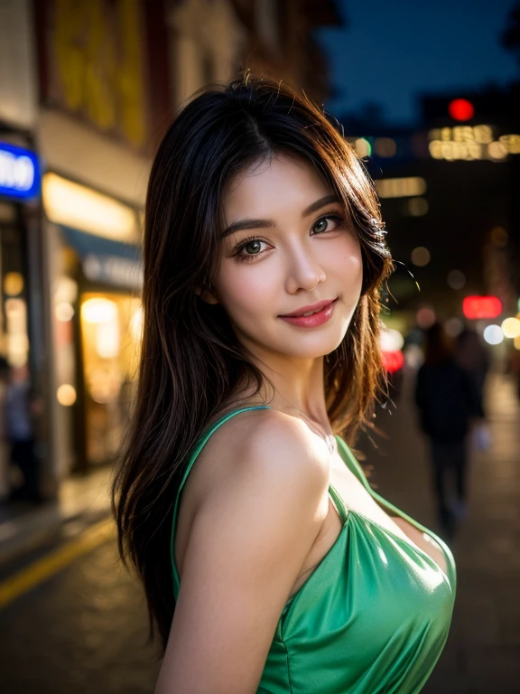 (Best quality, 8K, masterpiece: 1.3), Clear Focus: 1.2, beauty: 1.4, press: 1.1, Brown hair, Sea green dress: 1.4, outdoor night: 1.1, city streets, beautiful face and eyes, Double eyelids. Added realistic lighting., note the adjustment of proportions.