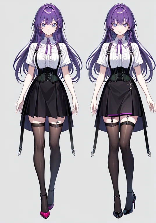 Purple hair,long hair,Adult female,((Body harness)),((Shirt with rolled up sleeves)),(Corset),(Tight skirt),(high heels),((Simple background)),Smile,((Full body)),((whole body)),Character Sheet,