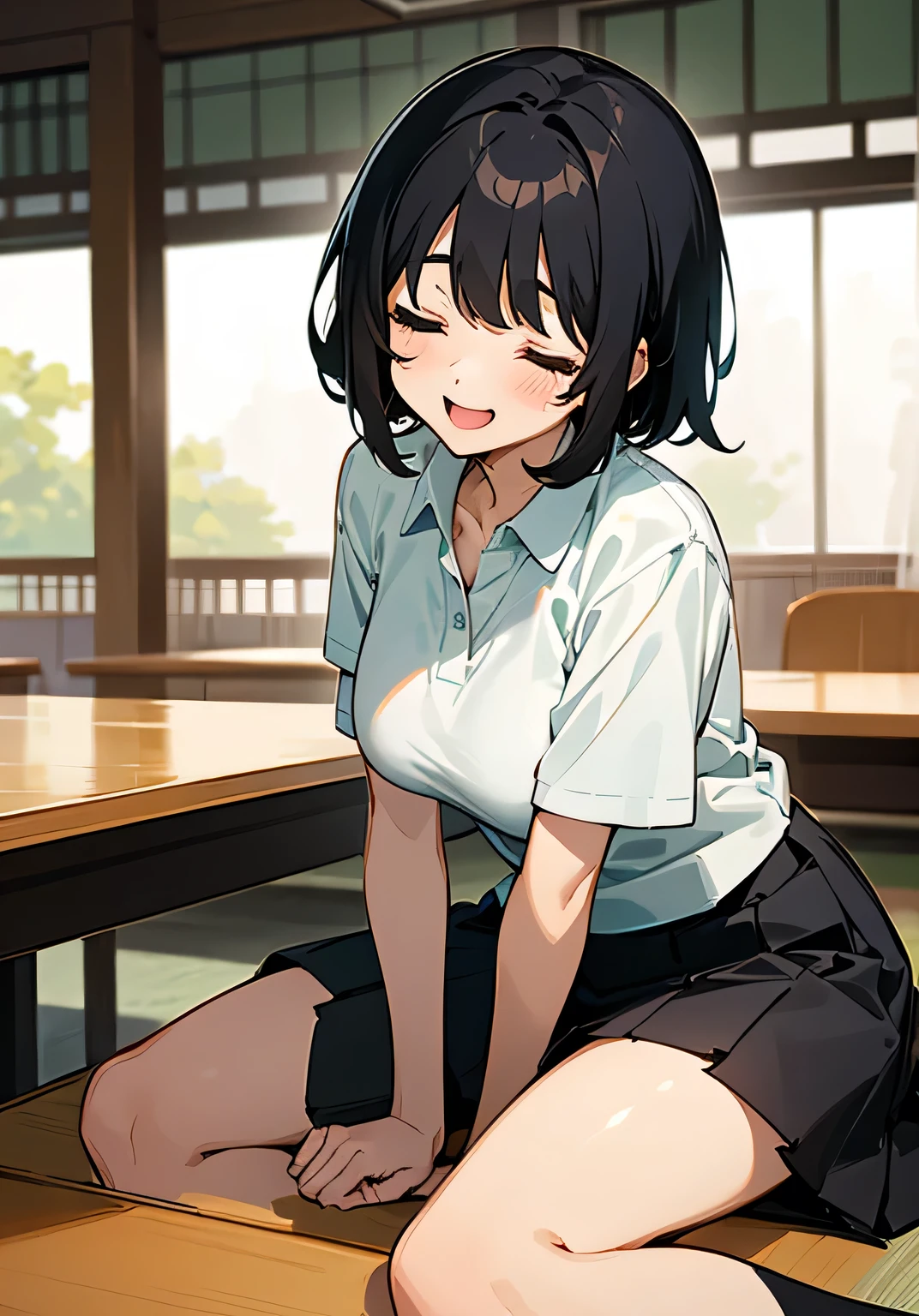 {best quality}、Izakaya、He is lying face down on the desk and looking at me.、Short black hair、Female college student、Big beautiful breasts、Closed eyes、Drunk and flushed face、openmouth、smile、polo shirt、short-skirt、Sitting、cowboy shot