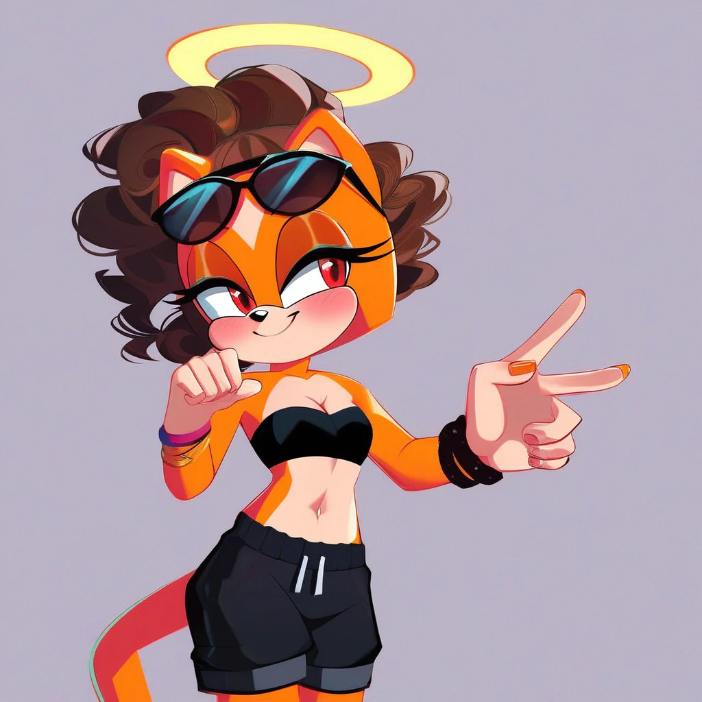 score_9, score_8_up, score_7_up, mobian, hedgehog, two-tone fur ((orange fur, brown fur)), pyjama elastic shorts, strapless crop top, cleavage, high-top sneakers, two-tone hair (brown hair, black tip)), curly hair, halo, sunglasses, jewelry, red eyes, longeyelashes, red eyes, smile, shy, blush, high detail, masterpiece, UHD, anatomically correct, super detail, highres, 4K