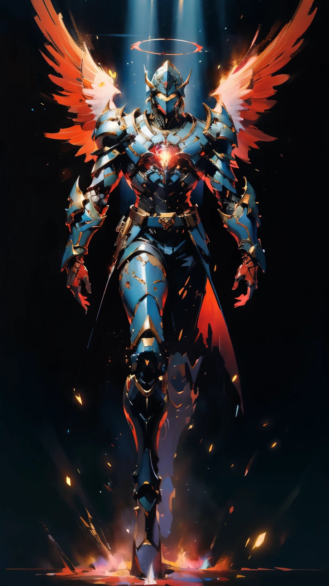 A man wearing a full-face helmet, a fantasy-style biotech armored combat suit, green eyes, (a composite layered chest armor), fully enclosed shoulder guards, matching arm and leg guards, the belt is adorned with Halo, (the color scheme is primarily white with red and blue accents), the design balances heavy with agility, a high-tech bio-mecha armor, (Armor Concept Inspired by Angel, stand on the top of a skyscraper in a futuristic sci-fi city), this character embodies a finely crafted fantasy-surreal style armored hero in anime style, exquisite and mature manga art style, (battle damage, element, plasma, energy, the armor glows), ((male:1.5)), metallic, real texture material, dramatic, high definition, best quality, highres, ultra-detailed, ultra-fine painting, extremely delicate, professional, perfect body proportions, golden ratio, anatomically correct, symmetrical face, extremely detailed eyes and face, high quality eyes, creativity, RAW photo, UHD, 32k, Natural light, cinematic lighting, masterpiece-anatomy-perfect, masterpiece:1.5