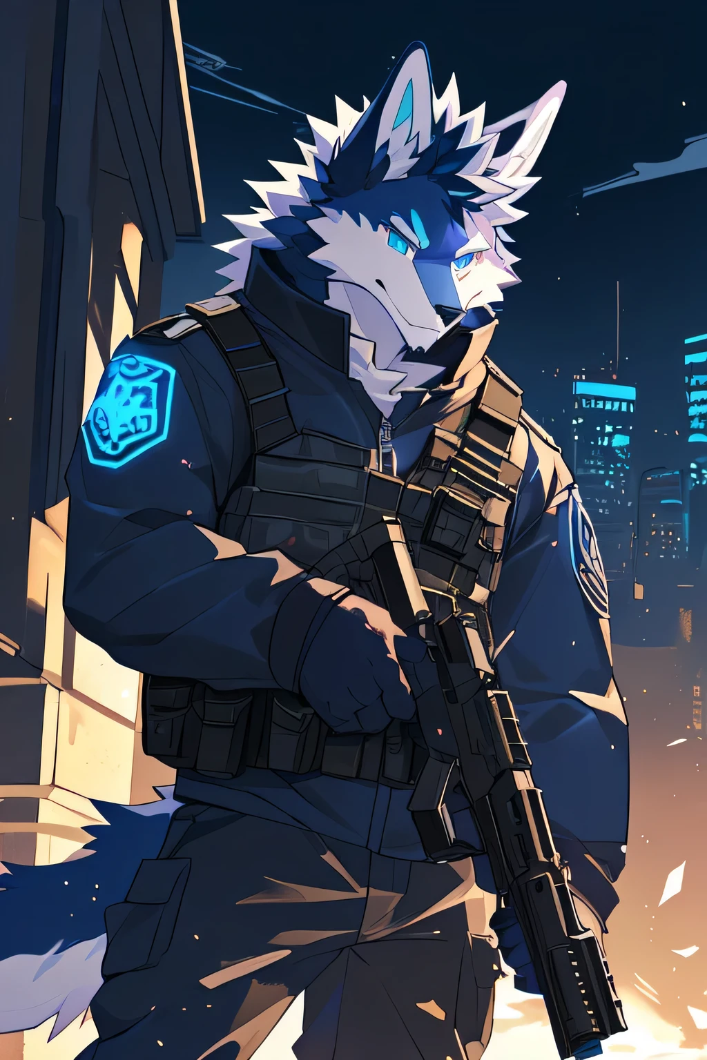 Perfect face,Cartoon style image, Trigger cartoon art style,furry, cartoon style 4k, Black and white fur,Very very beautiful furry art, animal art, cartoon,Wearing a jacket,Storm pants,Tactical Vest,submachine gun,Elite Operators,male,Dragon Wolf,Dark blue hair,There are blue horns and halo on the top of the head,Strong body