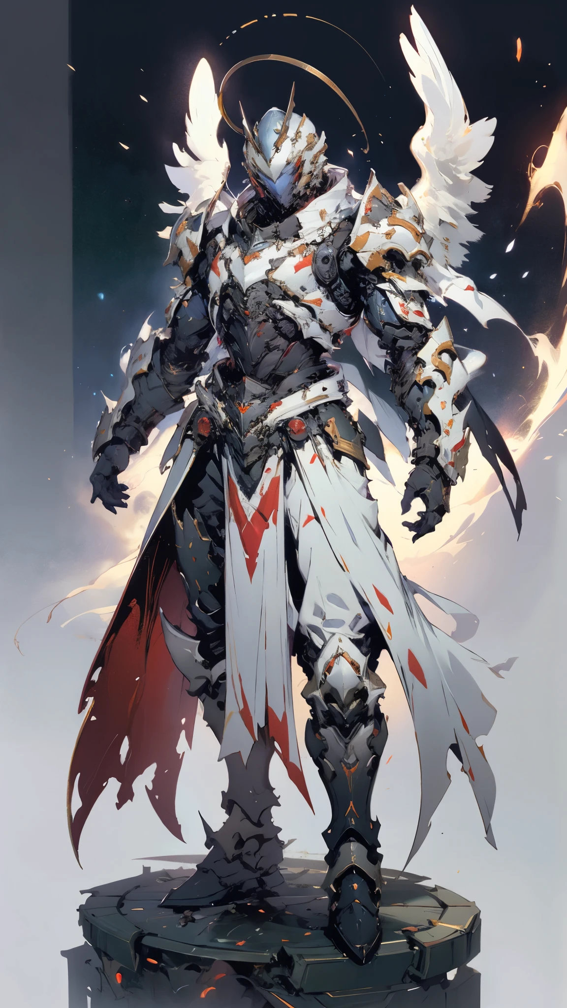 A man wearing a full-face helmet, a fantasy-style biotech armored combat suit, green eyes, (a composite layered chest armor), fully enclosed shoulder guards, matching arm and leg guards, the belt is adorned with Halo, (the color scheme is primarily white with red and blue accents), the design balances heavy with agility, a high-tech bio-mecha armor, (Armor Concept Inspired by Angel, stand on the top of a skyscraper in a futuristic sci-fi city), this character embodies a finely crafted fantasy-surreal style armored hero in anime style, exquisite and mature manga art style, (battle damage, element, plasma, energy, the armor glows), ((male:1.5)), metallic, real texture material, dramatic, high definition, best quality, highres, ultra-detailed, ultra-fine painting, extremely delicate, professional, perfect body proportions, golden ratio, anatomically correct, symmetrical face, extremely detailed eyes and face, high quality eyes, creativity, RAW photo, UHD, 32k, Natural light, cinematic lighting, masterpiece-anatomy-perfect, masterpiece:1.5