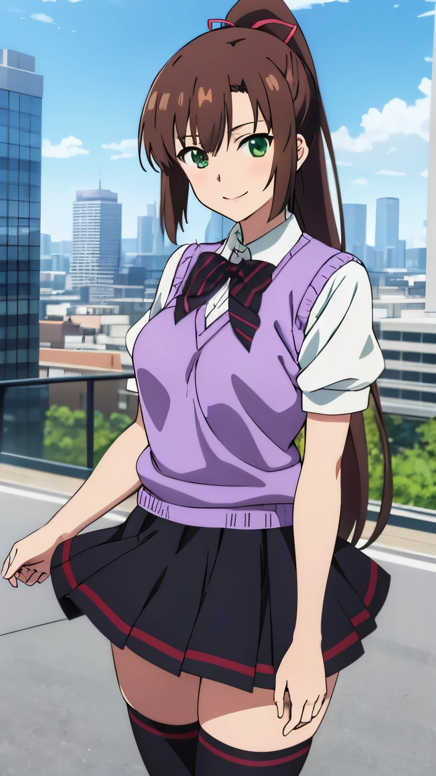 masterpiece, best quality,8k,anime art style, kirasaka sayaka, ponytail, hair ribbon, bowtie, white shirt, purple sweater vest, short sleeves, pleated skirt, black thighhighs, light smile, cityscape, blue sky, looking at viewer, green eyes, (large breasts:0.6),cowboy shot