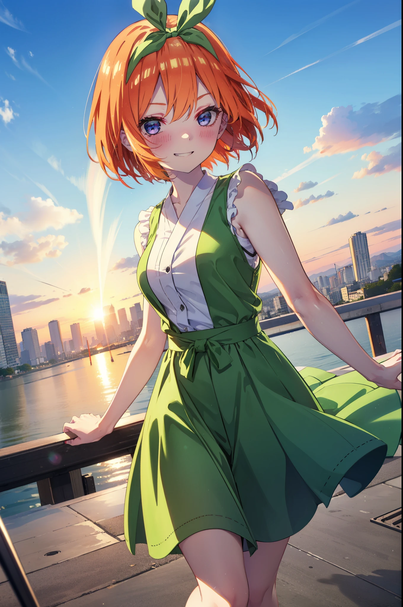 yotsubanakano, yotsuba nakano, bangs, short hair, blue eyes, Hair between the eyes, Hair Ribbon, hair band, Orange Hair, (Green ribbon:1.5), smile, Grin,smile,Sleeveless green dress,Bare arms,Green long skirt,Cute heeled sandals,sunset,evening,The sun goes down,My hair is blowing in the wind,whole bodyがイラストに入るように,Looking down from above,Walking,
break outdoors, city,海岸通り
break looking at viewer, whole body,
break (masterpiece:1.2), highest quality, High resolution, unity 8k wallpaper, (shape:0.8), (Beautiful details:1.6), Highly detailed face, Perfect lighting, Extremely detailed CG, (Perfect hands, Perfect Anatomy),