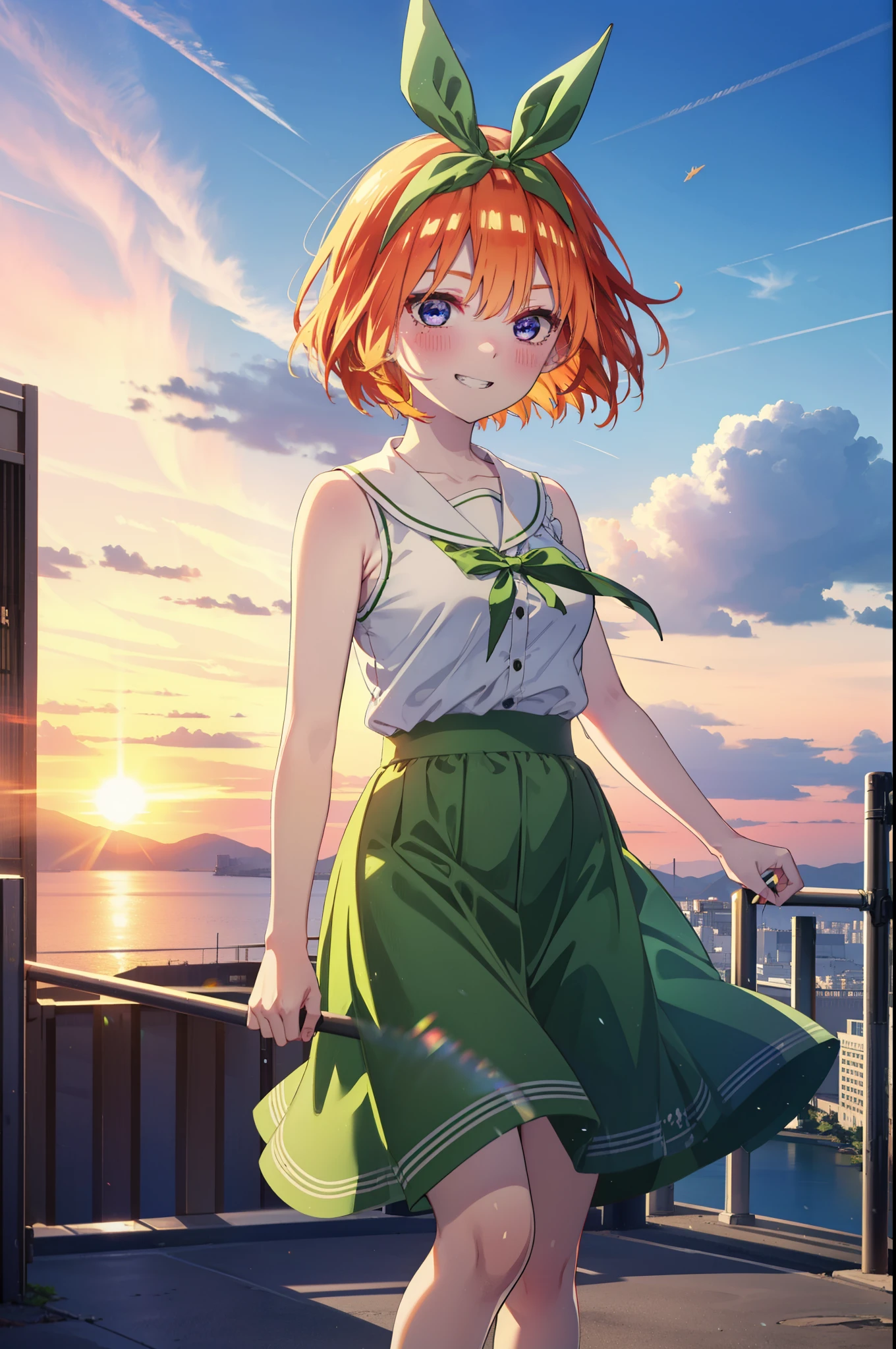 yotsubanakano, yotsuba nakano, bangs, short hair, blue eyes, Hair between the eyes, Hair Ribbon, hair band, Orange Hair, (Green ribbon:1.5), smile, Grin,smile,Sleeveless green dress,Bare arms,Green long skirt,Cute heeled sandals,sunset,evening,The sun goes down,My hair is blowing in the wind,whole bodyがイラストに入るように,Looking down from above,Walking,
break outdoors, city,海岸通り
break looking at viewer, whole body,
break (masterpiece:1.2), highest quality, High resolution, unity 8k wallpaper, (shape:0.8), (Beautiful details:1.6), Highly detailed face, Perfect lighting, Extremely detailed CG, (Perfect hands, Perfect Anatomy),