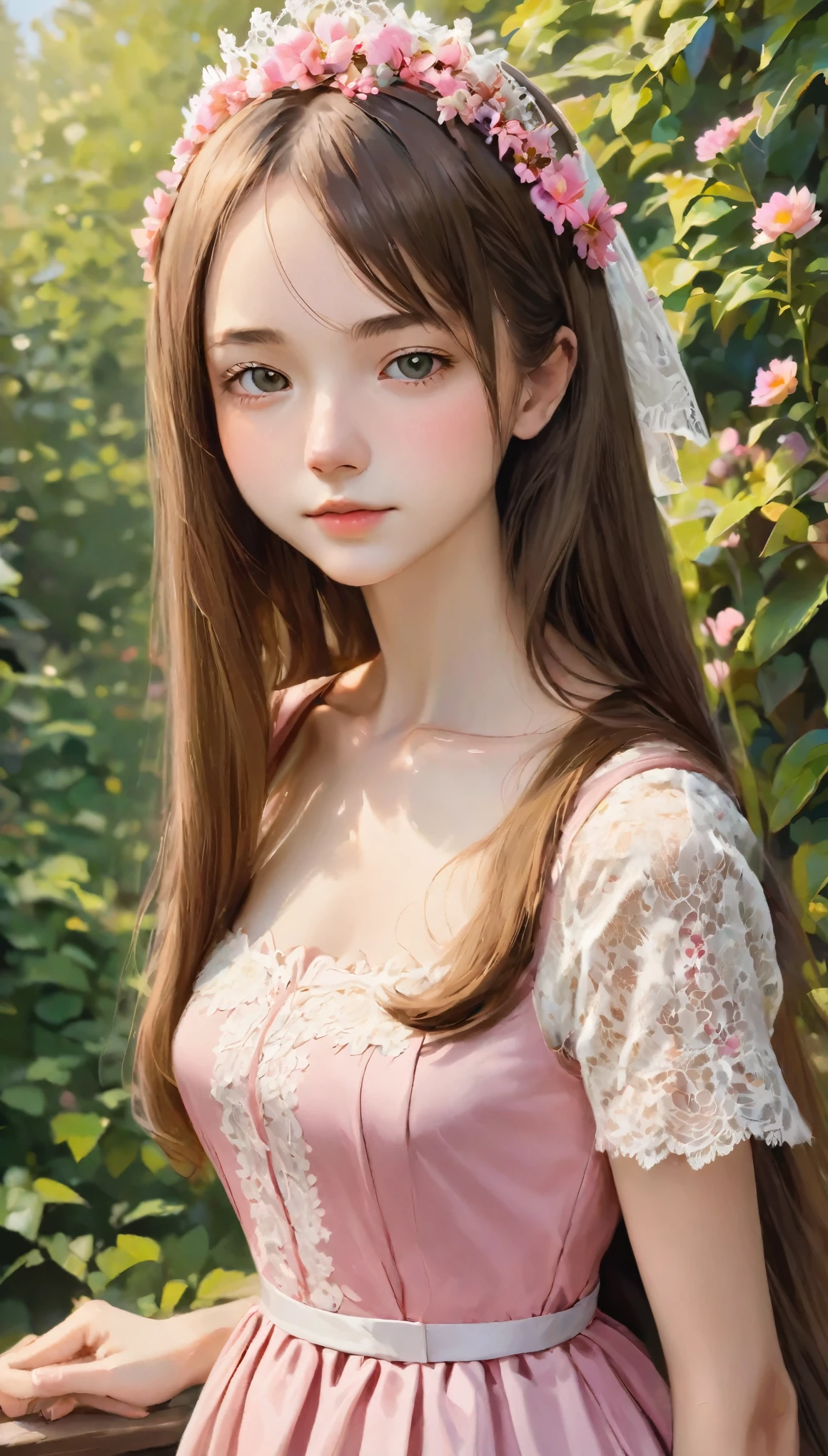 One girl, Beautiful teenage girl, cute,Small breasts, Long, straight brown hair,uniform, Princess Pink Dress, Lace trim , Flowers, Portraiture, oil, Modern, Realistic proportions, Complex, Complex details, Sharp focus