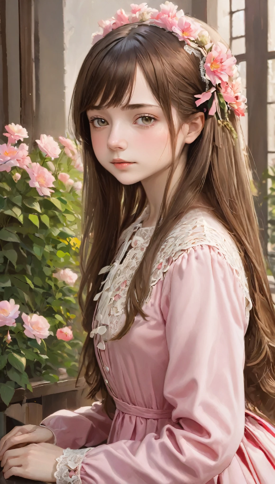 One girl, Beautiful teenage girl, cute,Small breasts, Long, straight brown hair,uniform, Princess Pink Dress, Lace trim , Flowers, Portraiture, oil, Modern, Realistic proportions, Complex, Complex details, Sharp focus