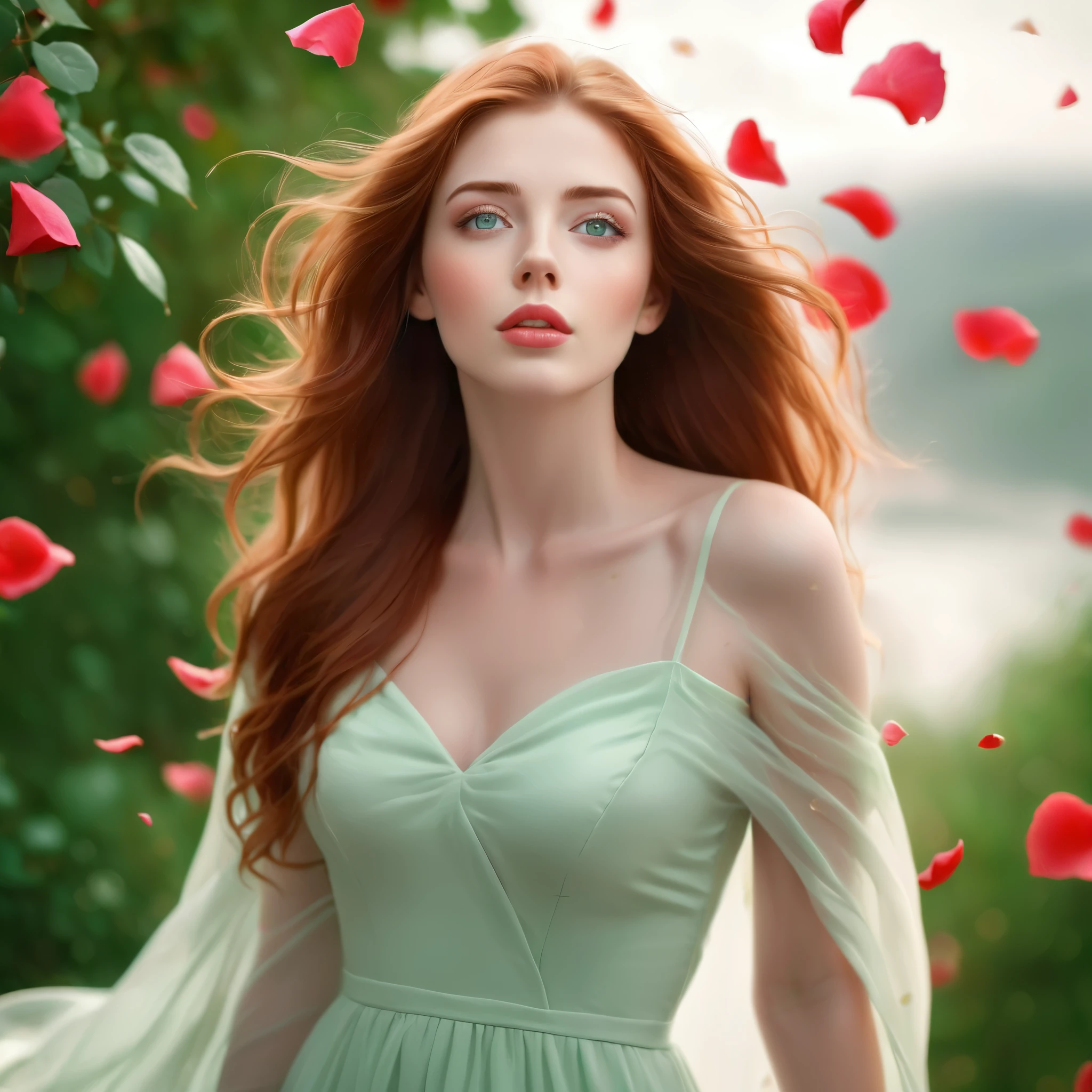 (best quality, realistic, ultra-detailed), a beautiful woman looking up, hair blowing in the wind, and red rose petals falling. perfect makeup, detailed eyes, and lips, long flowing red hair and green eyes, graceful pose, vibrant colors, soft lighting, romantic atmosphere, elegant and confident expression, delicate features, flowing dress, natural surroundings, dreamy ambiance. canon eos r3, 20 megapixels