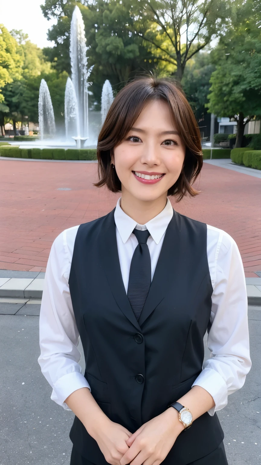 最high quality, In 8K, Masseter region, Vibrant, Sharp focus, high quality, High resolution, Detailed face, fine grain, Thick lips, (Looking at the audience), alone, Beautiful woman, 38 years old, Japanese women, (Short black hair:1.4)、(Bob Hair:1.4), Cleavage, Lunch break、Large city park、Green Grass、In front of a big fountain、(sitting on a park bench:1.3)、(Full body photo:1)、(Uniform of a Japanese female bank employee, wearing a dark blue vest over a white blouse, the vest has three vertical gold buttons, and a red, blue, and white ribbon tie around her neck)、(Black pumps:1.5)、(Red lipstick:1)、(smile:1.3)、(standard body type)、(D cup breasts)