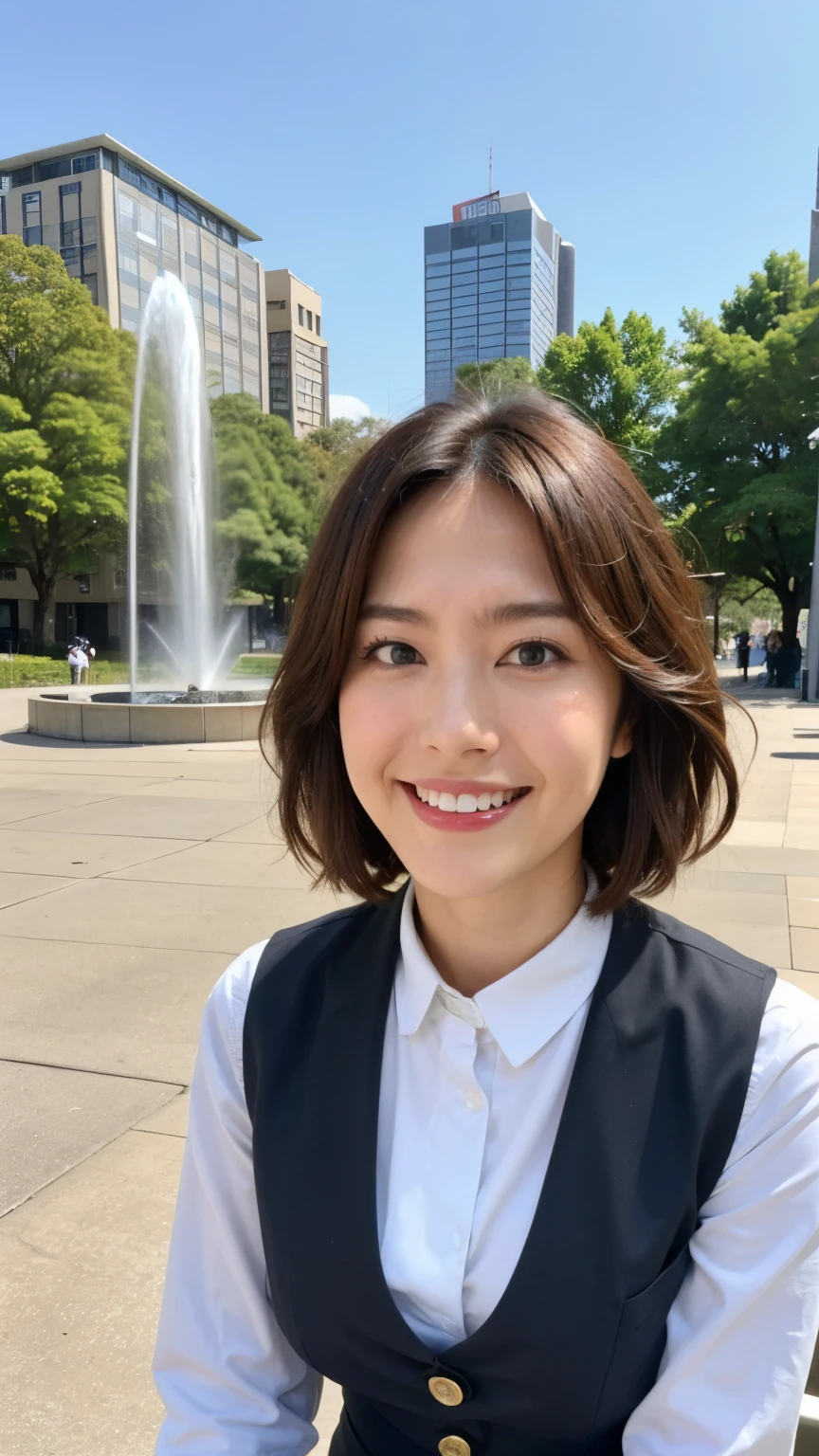 最high quality, In 8K, Masseter region, Vibrant, Sharp focus, high quality, High resolution, Detailed face, fine grain, Thick lips, (Looking at the audience), alone, Beautiful woman, 38 years old, Japanese women, （Short black hair:1.4）、（Bob Hair:1.4）, Cleavage, Lunch break、Large city park、Green Grass、In front of a big fountain、（sitting on a park bench:1.3）、（Full body photo:1）、（Uniform of a Japanese female bank employee, wearing a dark blue vest over a white blouse, the vest has three vertical gold buttons, and a red, blue, and white ribbon tie around her neck）、（Black pumps:1.5）、（Red lipstick:1）、（smile:1.3）、（standard body type）、（D cup breasts）