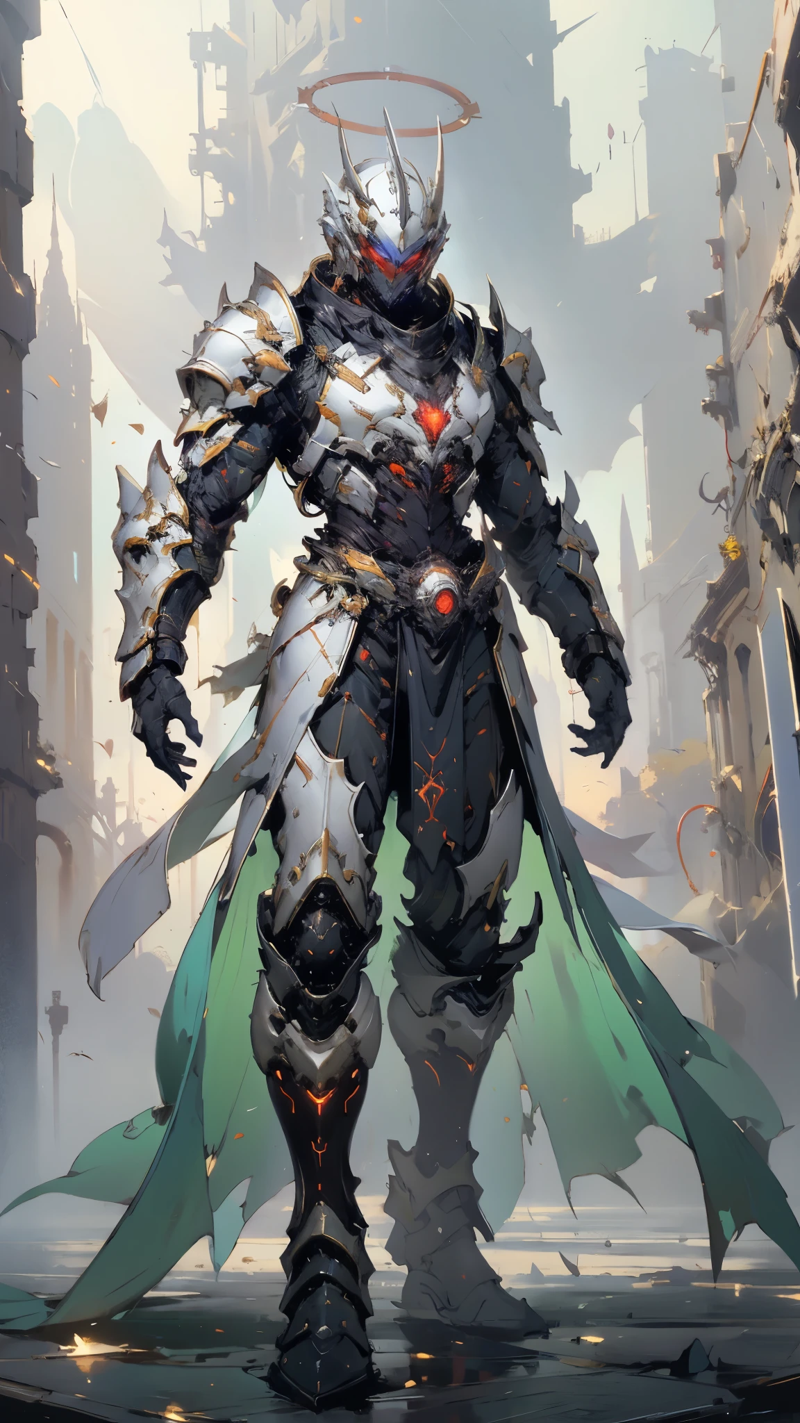 A man wearing a full-face helmet, a fantasy-style biotech armored combat suit, green eyes, (a composite layered chest armor), fully enclosed shoulder guards, matching arm and leg guards, the belt is adorned with Halo, (the color scheme is primarily white with red and blue accents), the design balances heavy with agility, a high-tech bio-mecha armor, (Armor Concept Inspired by Angel, stand on the top of a skyscraper in a futuristic sci-fi city), this character embodies a finely crafted fantasy-surreal style armored hero in anime style, exquisite and mature manga art style, (battle damage, element, plasma, energy, the armor glows), ((male:1.5)), metallic, real texture material, dramatic, high definition, best quality, highres, ultra-detailed, ultra-fine painting, extremely delicate, professional, perfect body proportions, golden ratio, anatomically correct, symmetrical face, extremely detailed eyes and face, high quality eyes, creativity, RAW photo, UHD, 32k, Natural light, cinematic lighting, masterpiece-anatomy-perfect, masterpiece:1.5