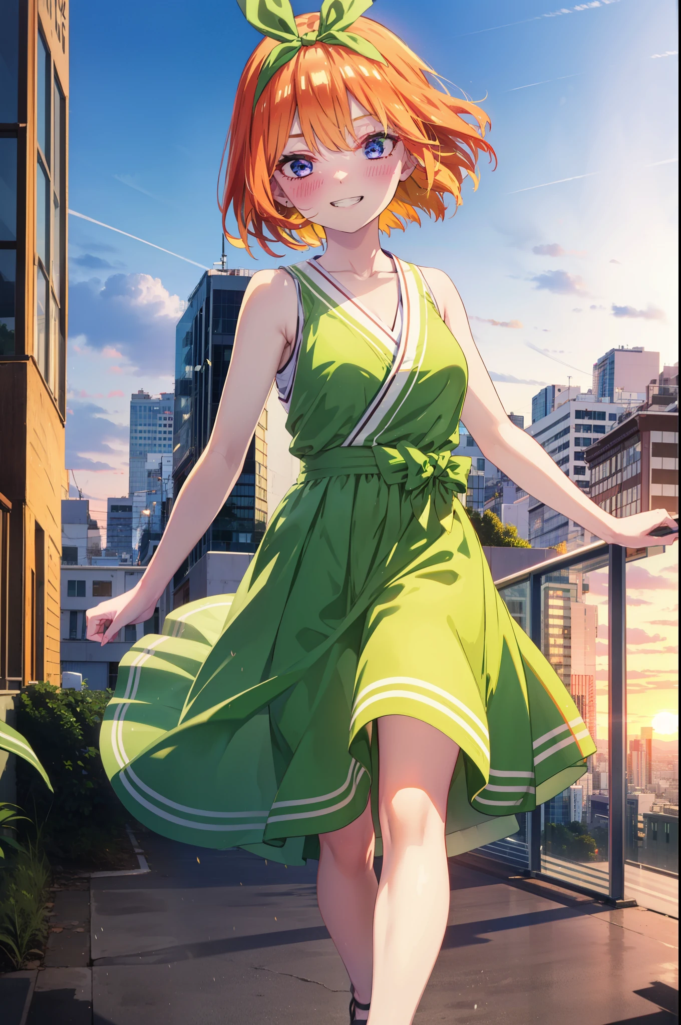 yotsubanakano, yotsuba nakano, bangs, short hair, blue eyes, Hair between the eyes, Hair Ribbon, hair band, Orange Hair, (Green ribbon:1.5), smile, Grin,smile,Sleeveless green dress,Bare arms,Green long skirt,Cute heeled sandals,sunset,evening,The sun goes down,My hair is blowing in the wind,whole bodyがイラストに入るように,Looking down from above,Walking,
break outdoors, city,海岸通り
break looking at viewer, whole body,
break (masterpiece:1.2), highest quality, High resolution, unity 8k wallpaper, (shape:0.8), (Beautiful details:1.6), Highly detailed face, Perfect lighting, Extremely detailed CG, (Perfect hands, Perfect Anatomy),