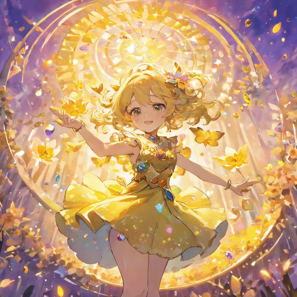 Best quality , masterpiece ,Fantasy scene ,
ojou curls,young,cute ,long blonde hair( side bangs , big braided bangs, forehead),yellow eye,yellow sleeveless dress ,bare arms,young,petite(small top)cat girl,small smiling,floating,oval shape golden necklace, Bubbles,luminous big
Flower, bright shiny background , full body, colourful round bubbles ,big planet in the sky,cosmos,a luminous colourful shiny gem in hand, colourful gem tree,luminous blue butterfly, violet and purple butterfly ,yellow butterflies ,bare_tree(gold trunks,gold leaf) ,yellow and white theme flower ground,yellow and white theme,sit on fower, holding gem, yellow magic array in sky
