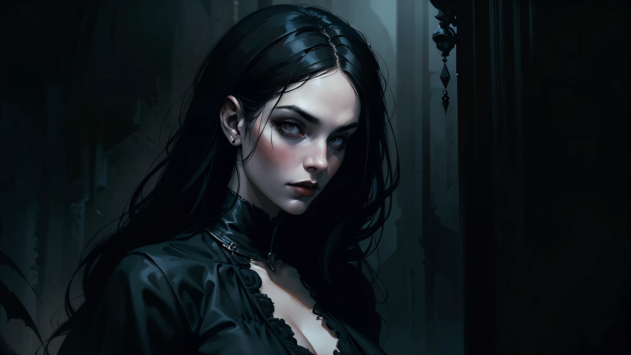 Woman with black hair and black eyes in black shirt, huge breasts, Vampire Girl, Dark, But detailed digital art, dark fantasy style art, Portrait of a vampire, androgynous vampire, Dark art style, style of charlie bowater, gothic horror vibes, tom bagshaw artstyle, gothic art style, dark fantasy portrait, neoartcore and charlie bowater