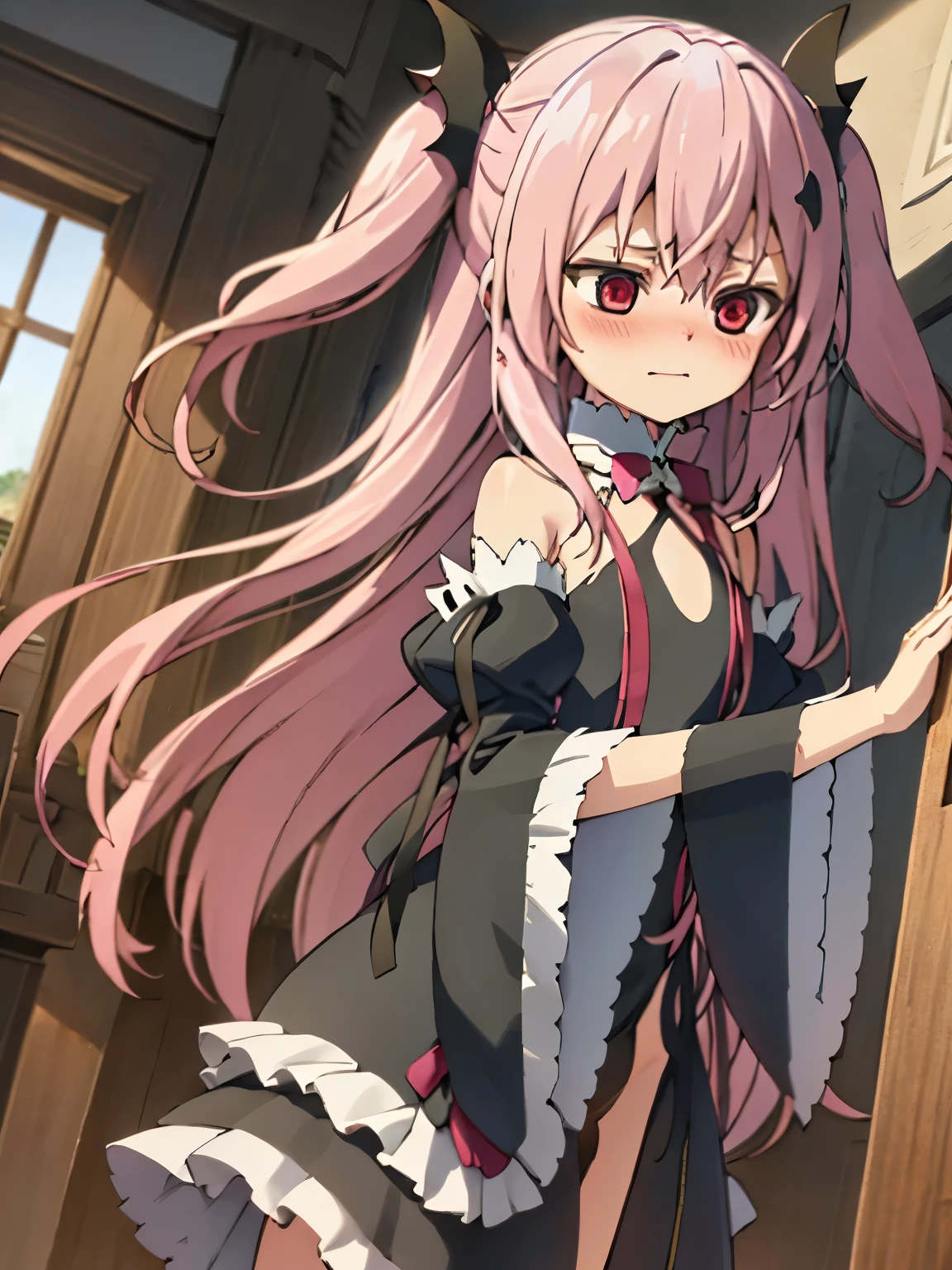 NSFW,Krul Tepes、Red eyes、Flat Chest、Long Hair、Pink Hair、Two Side Up、hair ornaments、boots、Black Dress、Bare shoulders、Wide sleeves、ribbon,(Perfect hands),(Perfect Anatomy),(masterpiece),(highest quality),Embarrassed,blush