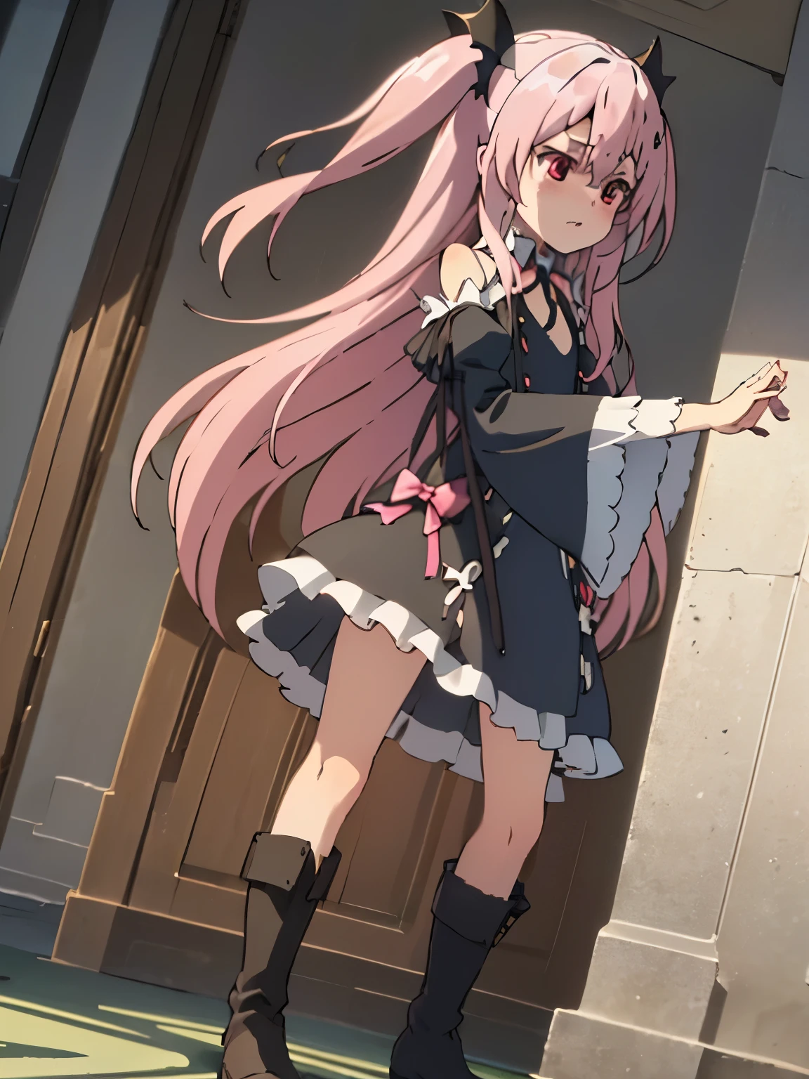 NSFW,Krul Tepes、Red eyes、Flat Chest、Long Hair、Pink Hair、Two Side Up、hair ornaments、boots、Black Dress、Bare shoulders、Wide sleeves、ribbon,(Perfect hands),(Perfect Anatomy),(masterpiece),(highest quality),Embarrassed,blush,(Skirt Lift:1.5),High-quality lingerie