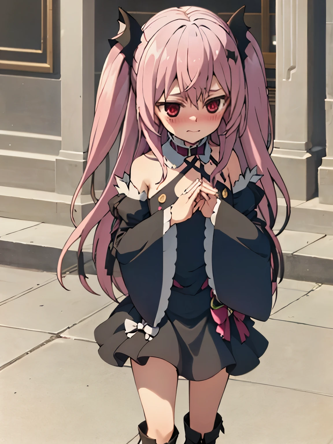 NSFW,Krul Tepes、Red eyes、Flat Chest、Long Hair、Pink Hair、Two Side Up、hair ornaments、boots、Black Dress、Bare shoulders、Wide sleeves、ribbon,(Perfect hands),(Perfect Anatomy),(masterpiece),(highest quality),Embarrassed,blush