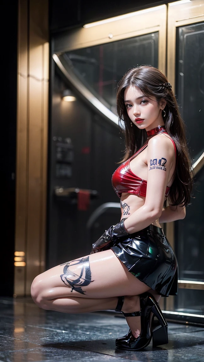 ((masterpiece:1.4)、(highest quality:1.4)、(Realistic:1.7))、masterpiece:1.4、(Best Rendering:1.4)、(Female SWAT Officer of the Space Federation 73rd Division:1.4)、so beautiful捜査官、(Written by Luis Royo:1.4)、(Ready your gun?:1.2)、Body Fit Sexy Uniform、(Luxurious glossy latex:1.4)、(Sleeveless uniform jacket)、(Underwear Sexy Super Ultra Bikini)、(Luxury Red Latex:1.4)、(Pleated mini skirt:1.4)、22 years old、(Cute Tattoos:1.4)、(Wear gloves)、pretty girl、so beautiful、Sharp focus、Portrait Photography:1.4、8k、Realistic photo images:1.4、(Perfect female body:1.4)、Perfect balance、(On-knee photography:1.4)、Beautiful Face、Fearless look、Beautiful Eyes、Tight waist、(8 life-size beautiful style girls)、(A beautiful girl with long legs and a good figure:1.4)、Beautiful legs、(Long Hair:1.2)、Beautiful breasts、Beautiful medium breasts:1.2、Sexy ass、(Stand facing forward:1.4)、RAW Photos、Red lips、High heels:1.4、choker:1.4、necklace:1.4、Earrings:1.4、1 Screen Display、Beautiful night view of cyberpunk city:1.2