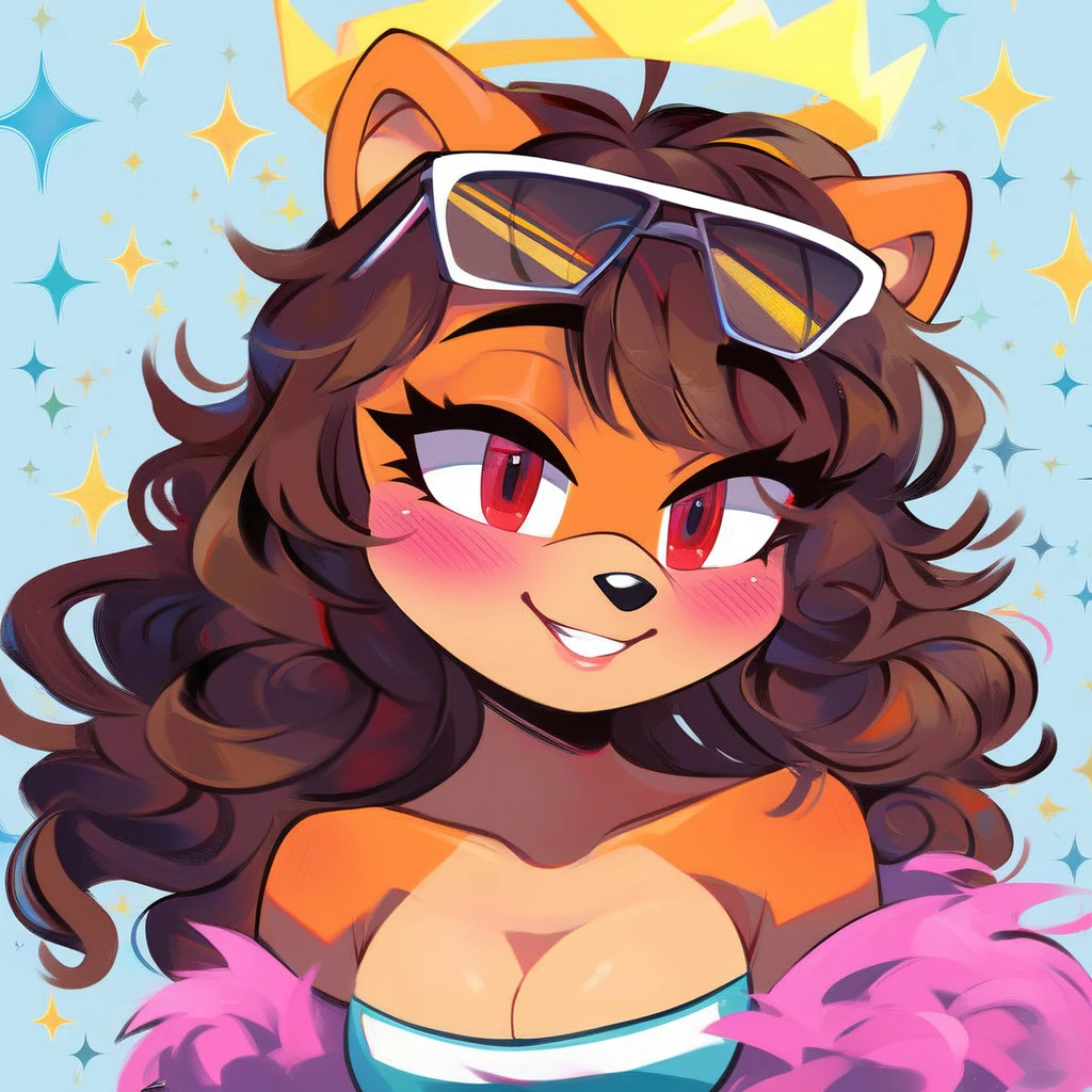 score_9, score_8_up, score_7_up, mobian, hedgehog, two-tone fur ((orange fur, brown fur)), pyjama elastic shorts, strapless crop top, cleavage, high-top sneakers, two-tone hair (brown hair, black tip)), curly hair, halo, sunglasses, jewelry, red eyes, longeyelashes, red eyes, smile, shy, blush, high detail, masterpiece, UHD, anatomically correct, super detail, highres, 4K