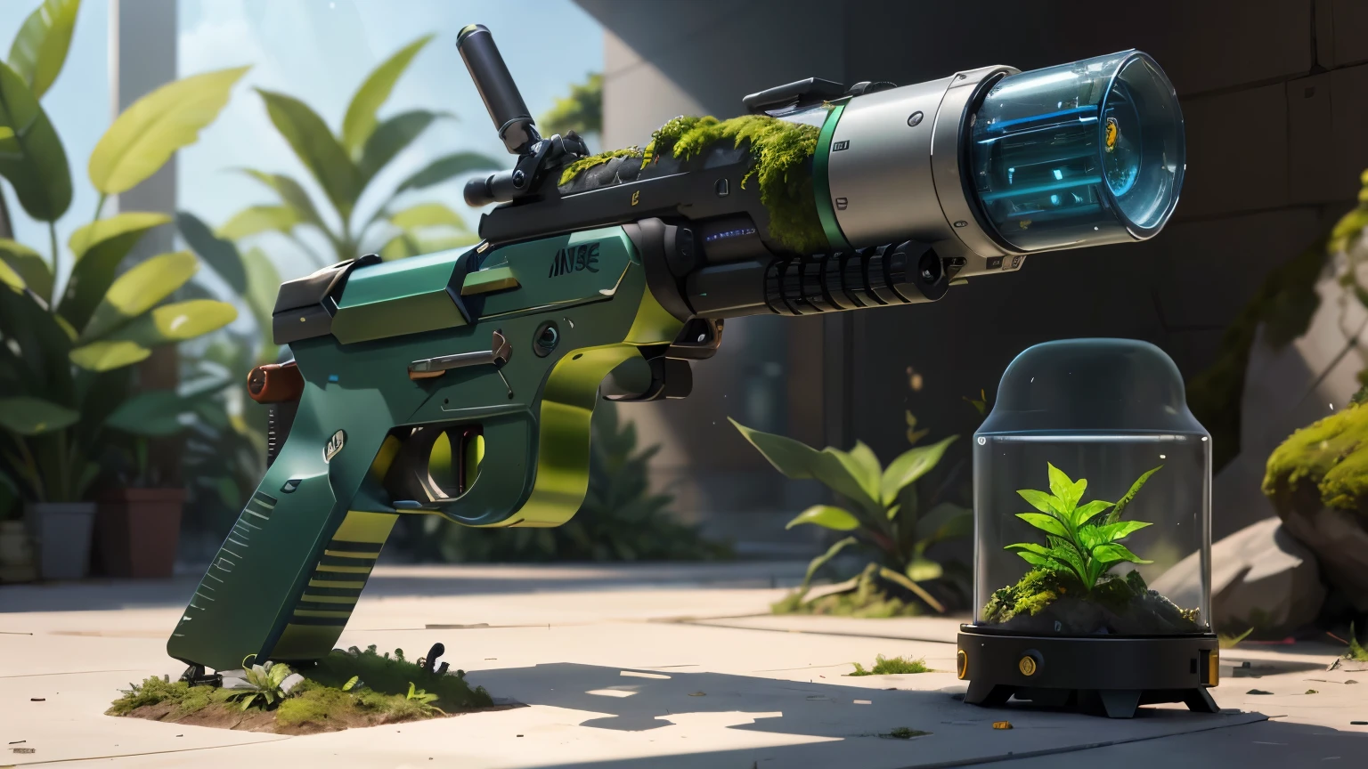 Concept gun design, Science Fiction，unmanned，Gun with plants and crystals，Glowing gun，Glass and Plasma，Plant and machine combination，moss，The vine plant attached to the gun，cgi，Realism，Stereo，Light and Shadow，Place on the ground，HD，Extreme details，high resolution