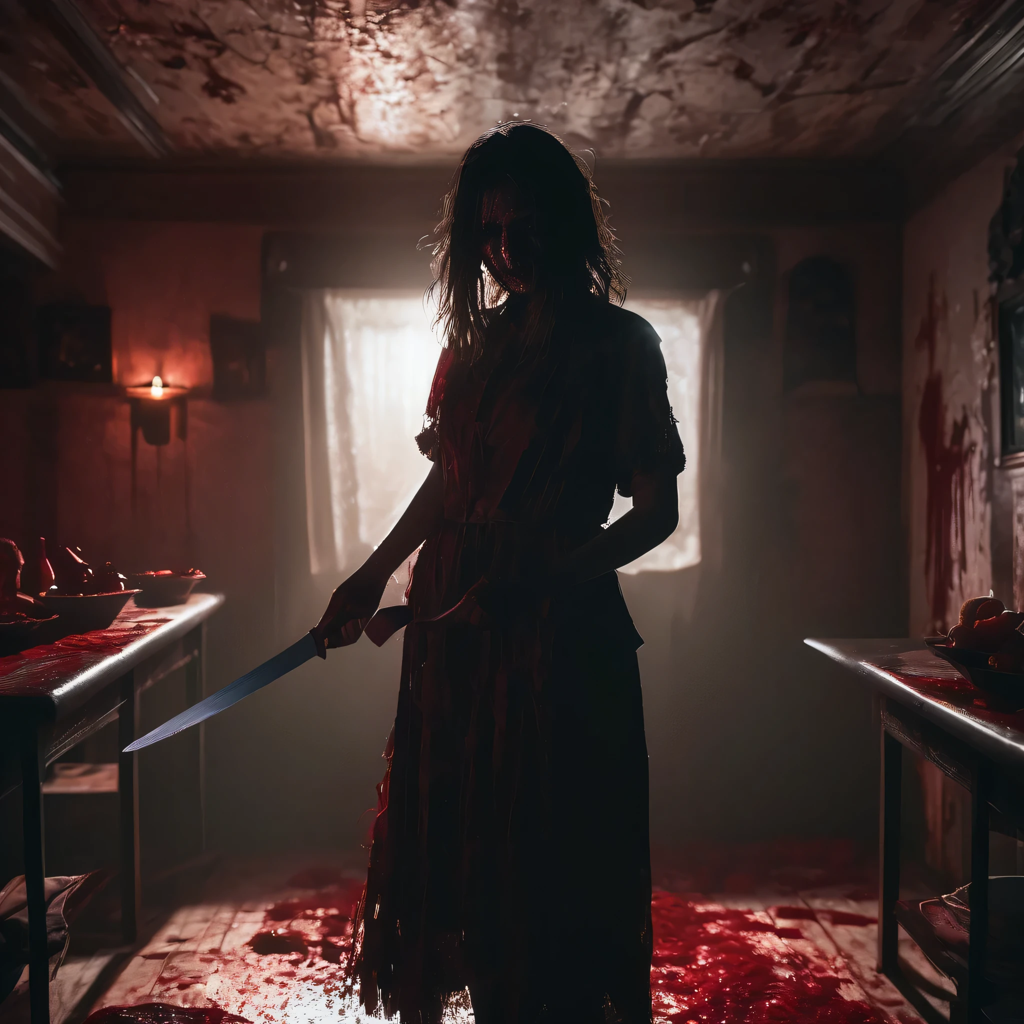 horror scene, knife, ritual, girl, evil room, gore, chiaroscuro, cinematic lighting, ray tracing, Ultra-Wide Angle, UHD, masterpiece, textured skin, super detail, best quality, highres, 4K