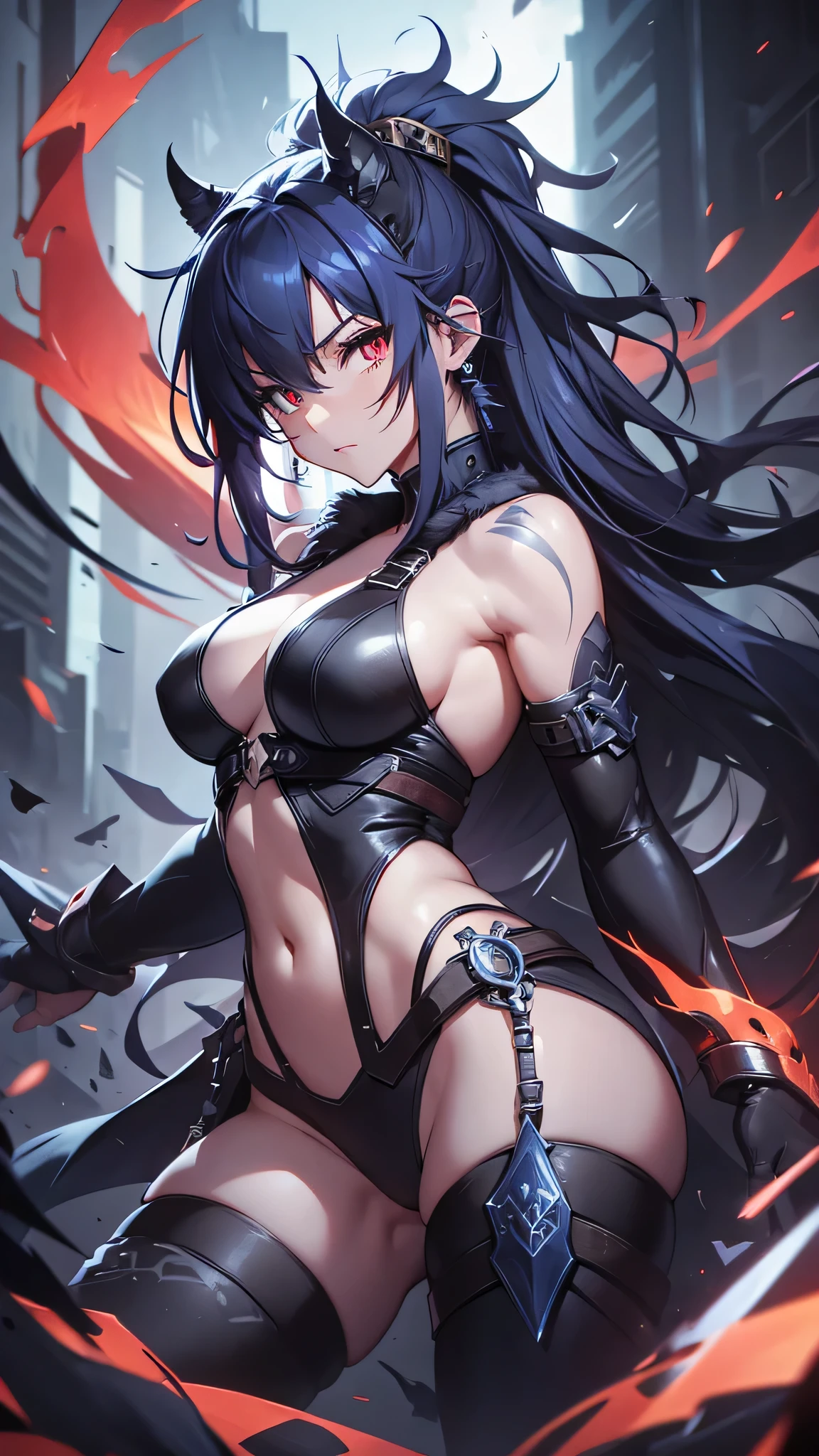 Highest quality、Highest quality、Masterpiece、girl((Age 25、as soon as、Highest Bust、Medium Bust、Wide open chest、Red glowing eyes、Black Ear、Red Mesh、Disheveled Hair、Loincloth、thin、The best valley、Open chest、Luminous Wristbands、hair ornaments、Full body view、Tank top、Black ninja costume、scar、Full body scar、Fighting Pose))、high quality、Beautiful Art、background((night、Ninja World))、flight、Flying Debris、Depth of text、movie、Visual Arts、Perfect Art、8K、Genuine、
