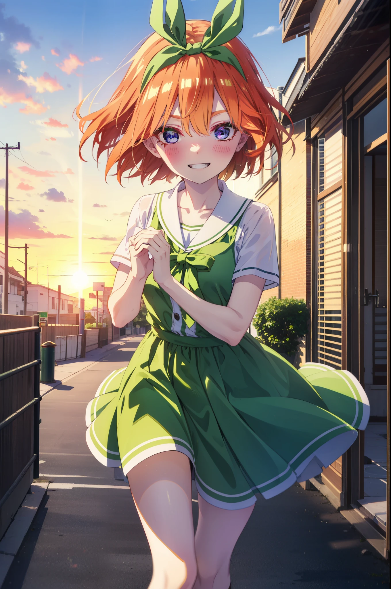 yotsubanakano, yotsuba nakano, bangs, short hair, blue eyes, Hair between the eyes, Hair Ribbon, hair band, Orange Hair, (Green ribbon:1.5), smile, Grin,smile,Sleeveless green dress,Bare arms,Green long skirt,Cute heeled sandals,sunset,evening,The sun goes down,My hair is blowing in the wind,whole bodyがイラストに入るように,Looking down from above,Walking,
break outdoors, city,海岸通り
break looking at viewer, whole body,
break (masterpiece:1.2), highest quality, High resolution, unity 8k wallpaper, (shape:0.8), (Beautiful details:1.6), Highly detailed face, Perfect lighting, Extremely detailed CG, (Perfect hands, Perfect Anatomy),