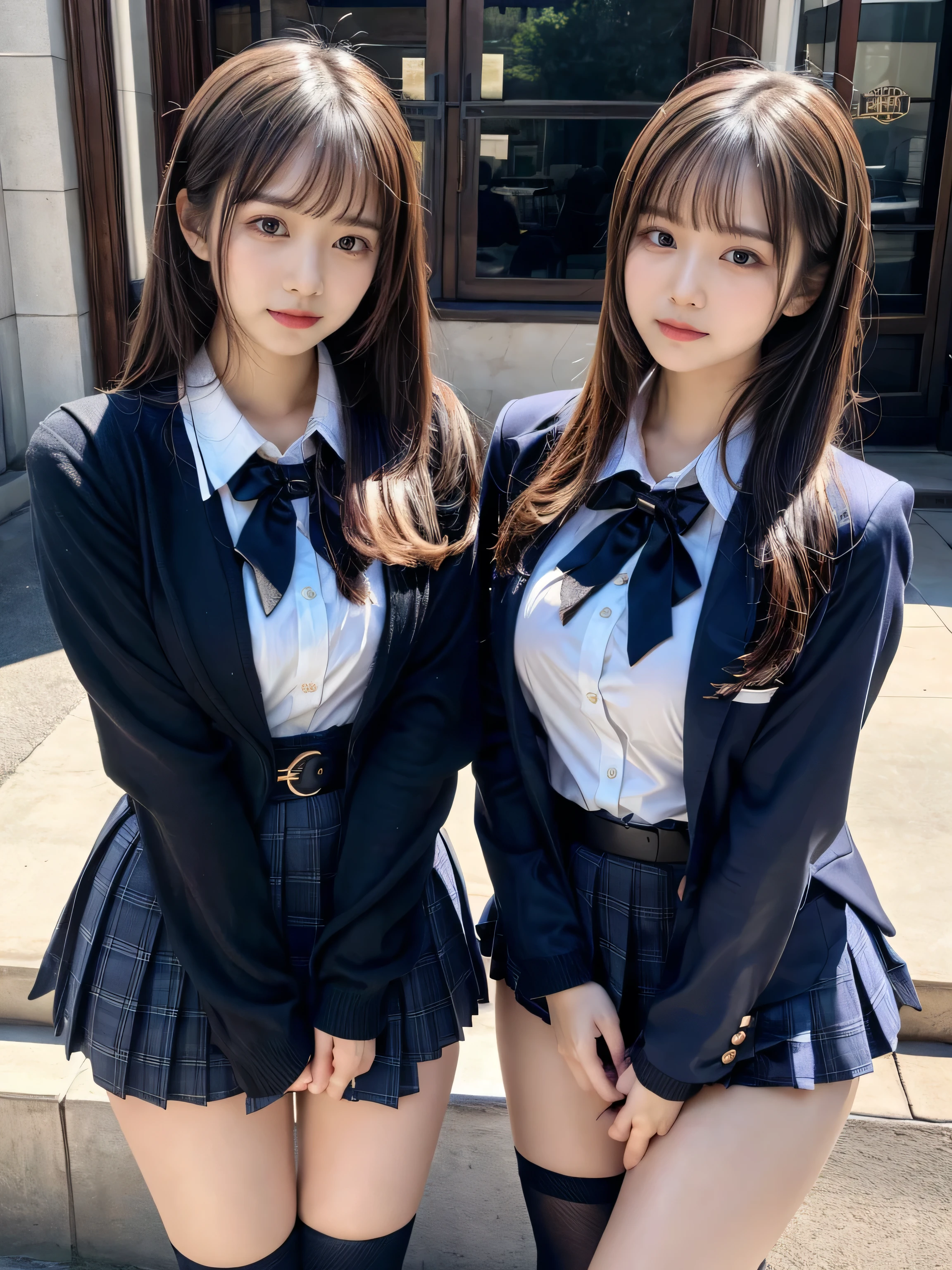 (8K, Raw photography, top-quality, masterpiece:1.2), muster piece, best quality, illustration, Super detailed, fine details, High resolution, 8K,wall paper, perfect dynamic composition,(Details High quality, realistic depiction of eyes:1.3), ((2 girls, 2 schoolgirls)), The background is a luxury hotel room、High school girl uniform、blazer 、Super Short Check Uniform Skirt、Navy blue high socks、garterbelts、Colossal tits、Disturbed uniform, Play with each other,Touching each other's bodies,Touching the body of the girl next door, short bob hair, black hair color, huge breasts, Big Natural Color Lip, bold sexy pose, (perfect body shape), crying a little、cold gaze, Beautiful makeup,glitter makeup,Cutest 18 years old、 beautiful legs, hposing Gravure Idol, Voluptuous thighs