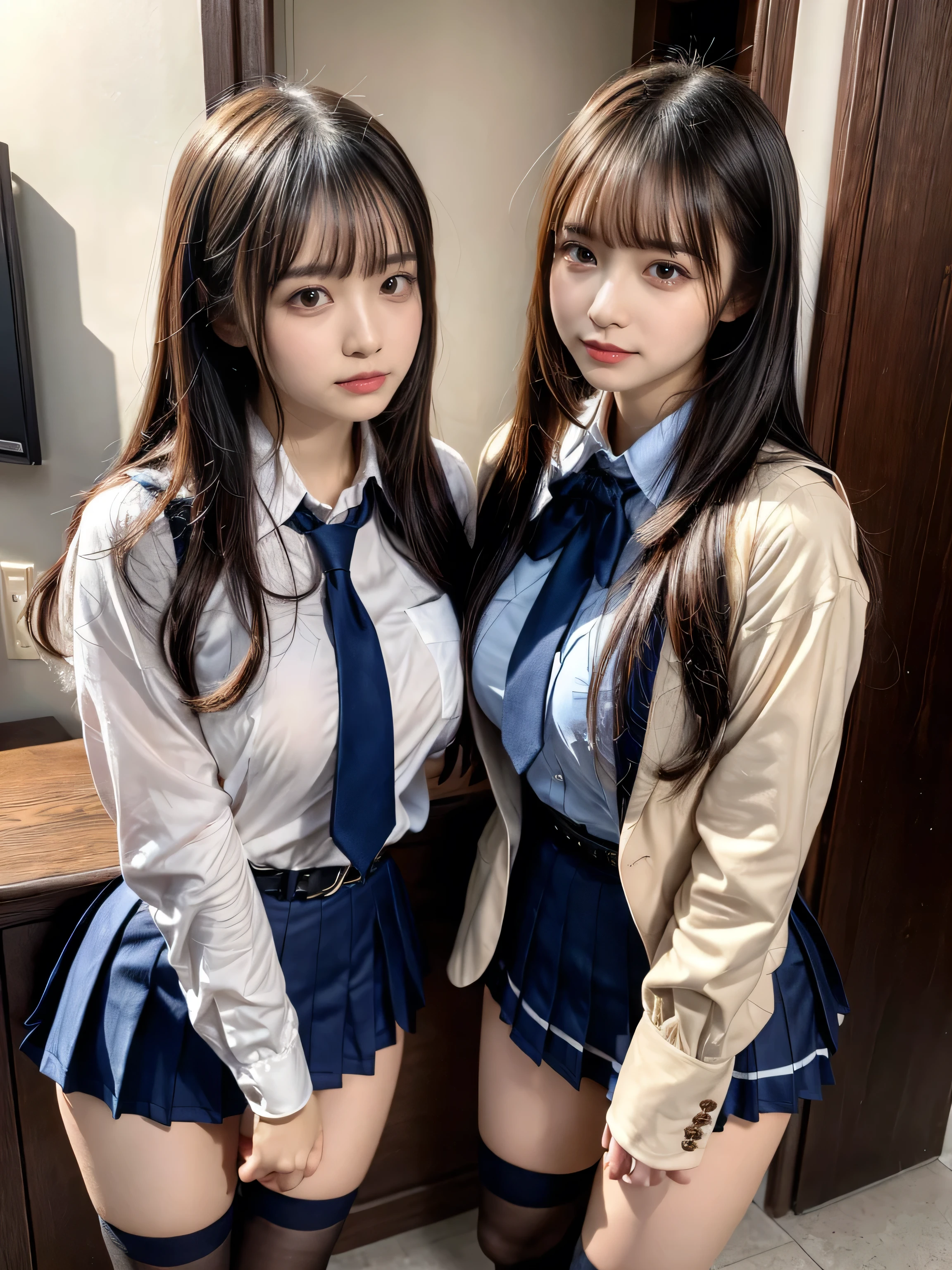 (8K, Raw photography, top-quality, masterpiece:1.2), muster piece, best quality, illustration, Super detailed, fine details, High resolution, 8K,wall paper, perfect dynamic composition,(Details High quality, realistic depiction of eyes:1.3), ((2 girls, 2 schoolgirls)), The background is a luxury hotel room、High school girl uniform、blazer 、Super Short Check Uniform Skirt、Navy blue high socks、garterbelts、Colossal tits、Disturbed uniform, Play with each other,Touching each other's bodies,Touching the body of the girl next door, short bob hair, black hair color, huge breasts, Big Natural Color Lip, bold sexy pose, (perfect body shape), crying a little、cold gaze, Beautiful makeup,glitter makeup,Cutest 18 years old、 beautiful legs, hposing Gravure Idol, Voluptuous thighs