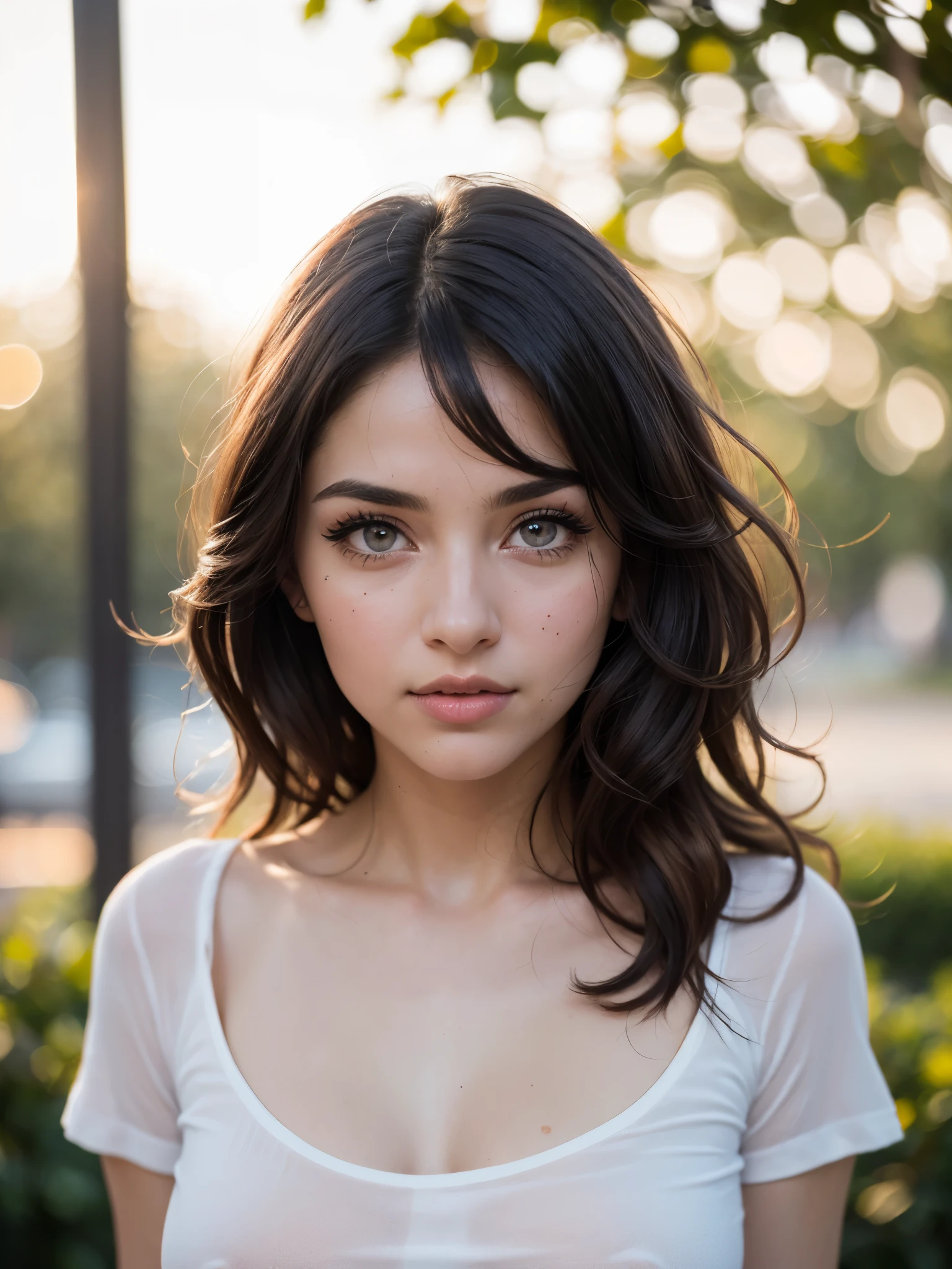 (((ultra realistic))) Photo, masterpiece, top quality, (pale skin), (Ultra detailed face and eyes:1.3), 1 girl, Adult, in a T-shirt, full body, (Eye makeup, mascara) , ((large detailed lips)), ((ash wavy hair)), ((Chyolka)) , (Natural breasts), Slim waist. ((Posing)), photoshoot, studio (soft lighting), (The play of light and shadows), depth of field, bokeh, (special attention to skin detail: 1.2), Detailed leather texture, skin pores. (Airy atmosphere of the frame. Color range - delicate, Bright, white, Pink tones), UDR, ((Film grain)), ((rays)), ((glare of the sun)), ((waist up portrait, close to the camera)) , ultra detialed,