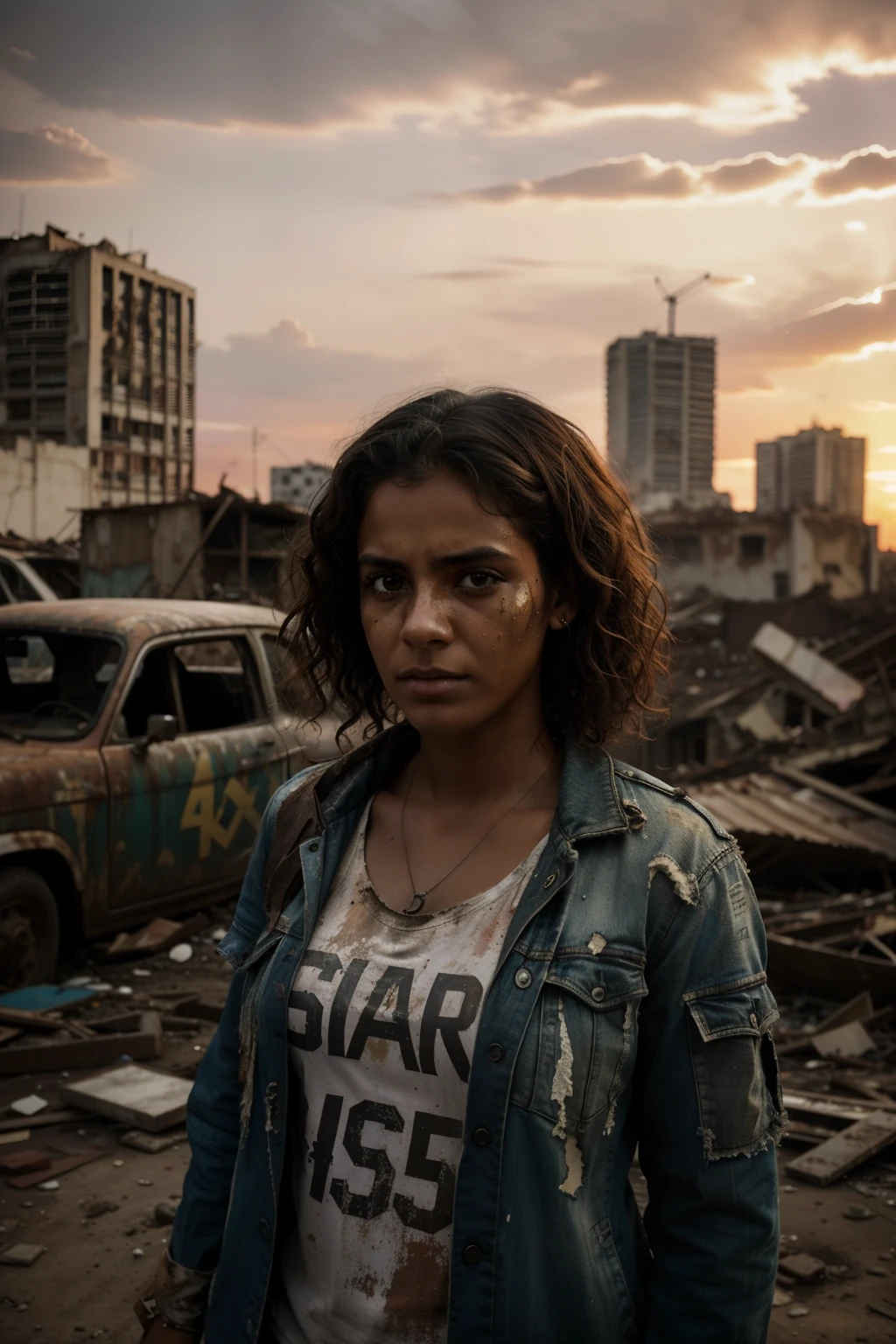 Create an image of an apocalyptic Brazilian city in high-definition detail, showcasing the aftermath of a catastrophic event. The cityscape will be filled with crumbling buildings, rusted steel structures, and abandoned vehicles, all bathed in the eerie glow of a lingering sunset (sunset: 1.3).

The protagonist, a 30-year-old Brazilian woman with dark, curly hair and intense, sorrowful eyes, is portrayed standing amidst the ruins. She is dressed in tattered clothes, her face covered in grime and dust, yet her expressed determination reveals a resilient spirit (determination: 1