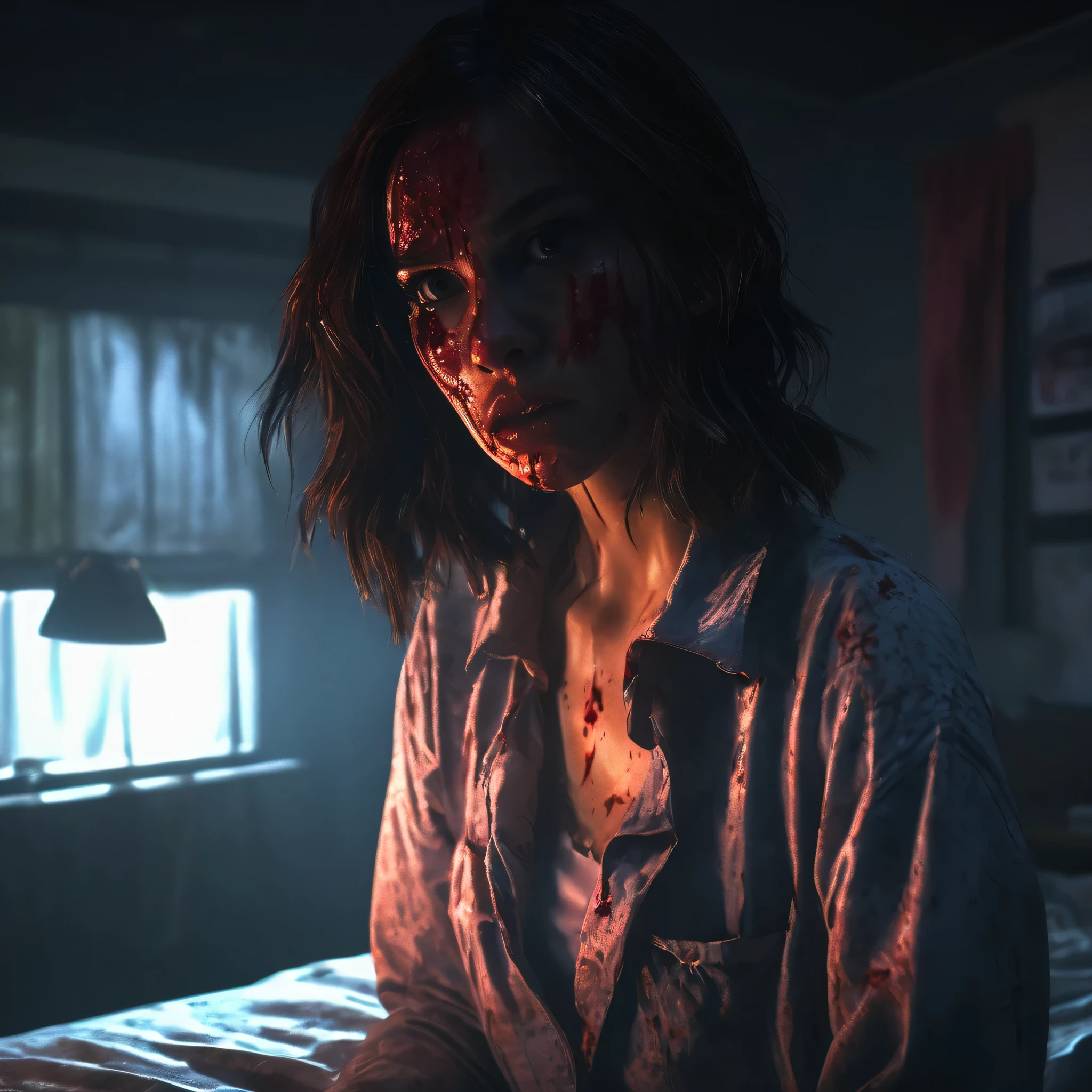 horror scene, knife, dark rooms, glowing eyes, girl, bedroom, gore, chiaroscuro, cinematic lighting, ray tracing, Ultra-Wide Angle, UHD, masterpiece, textured skin, super detail, best quality, highres, 4K