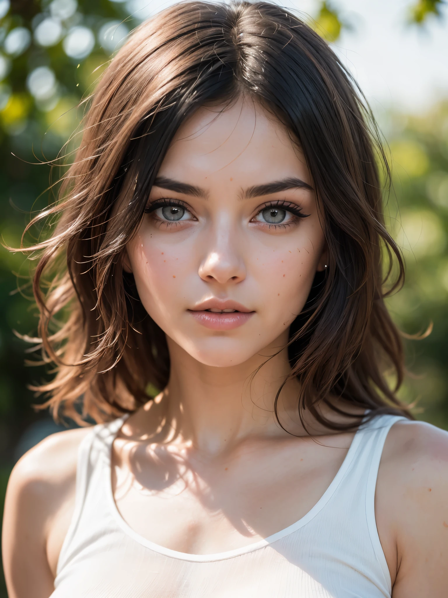 (((ultra realistic))) Photo, masterpiece, top quality, (pale skin), (Ultra detailed face and eyes:1.3), 1 girl, Adult, in a T-shirt, (Eye makeup, mascara) , ((large detailed lips)), ((ash wavy hair)), ((Chyolka)) , (Natural breasts), Slim waist. ((Posing)), photoshoot, studio (soft lighting), (The play of light and shadows), depth of field, bokeh, (special attention to skin detail: 1.2), Detailed leather texture, skin pores. (Airy atmosphere of the frame. Color range - delicate, Bright, white, Pink tones), UDR, ((Film grain)), ((rays)), ((glare of the sun)), ((waist up portrait, close to the camera)) , ultra detialed, 