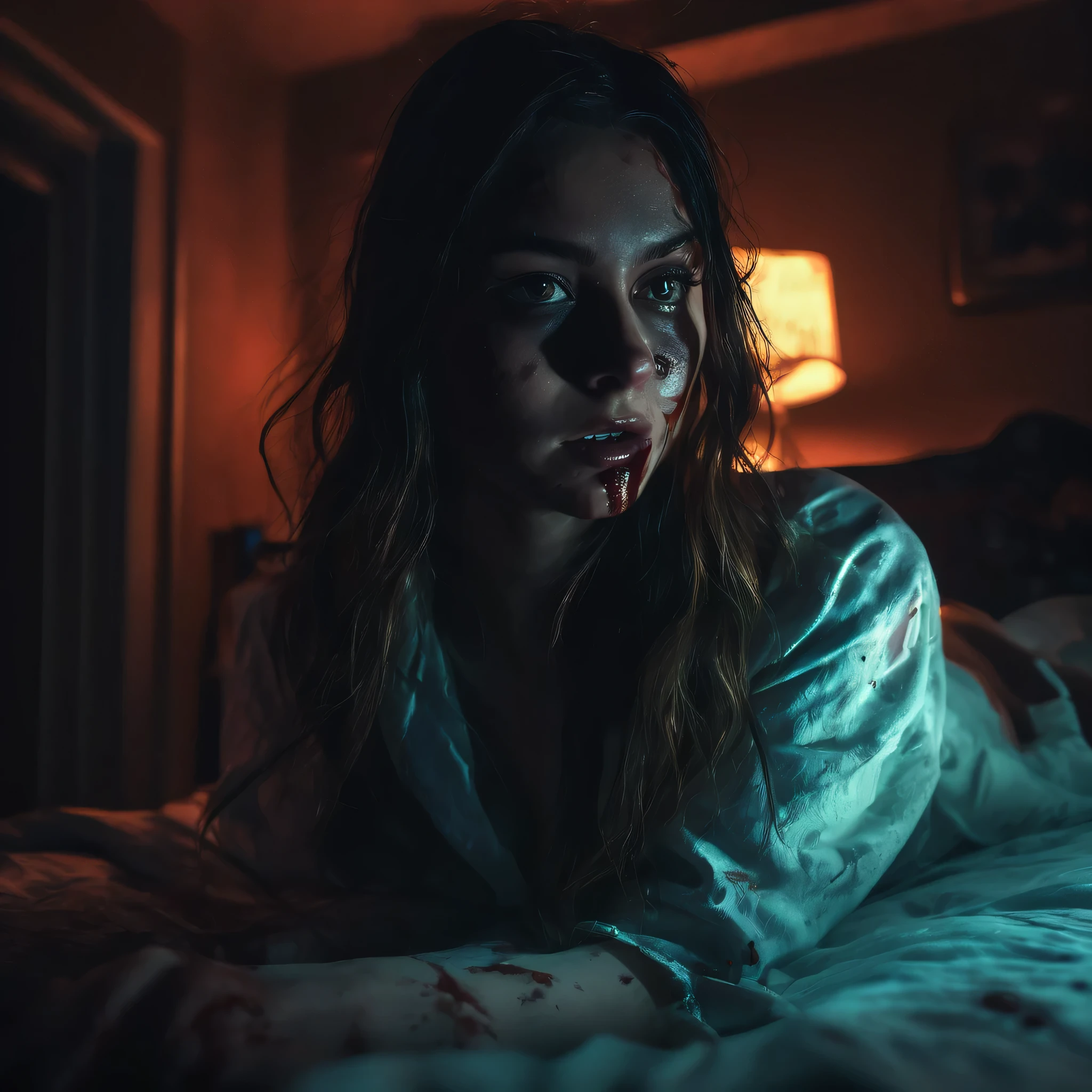 horror scene, knife, dark rooms, glowing eyes, girl, bedroom, gore, chiaroscuro, cinematic lighting, ray tracing, Ultra-Wide Angle, UHD, masterpiece, textured skin, super detail, best quality, highres, 4K