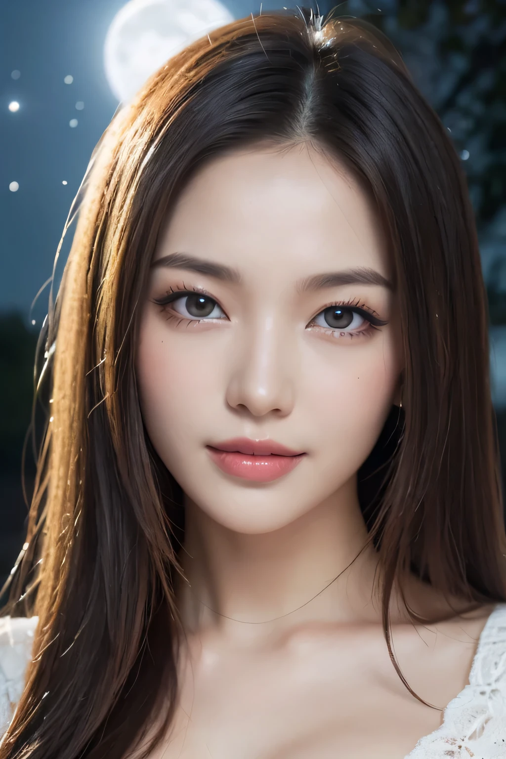 Body portrait, 8K, thin and beautiful eyes, Dindal effect, masterpiece, top quality, high quality, high resolution, very detailed photo, (natural skin texture, fine skin, hyper realism, super sharpness), high detail skin, (very fine, fine skin texture, intricate details, beautiful face, (realistic face), realistic eyes, beautifully detailed eyes, realistic skin, beautiful skin, surreal, very detailed Golden ratio, smiling eyes, ((night moonlight background) )), body portrait, G cup, big breasts, huge breasts, big breasts, glamorous, sexy knit dress,