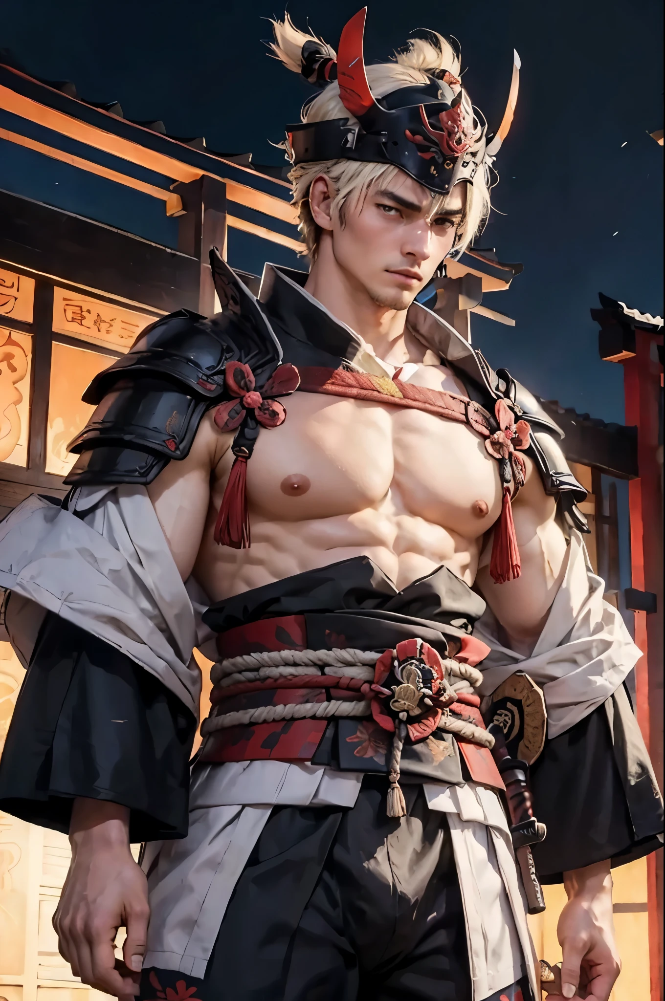 shogun,mascular,bigboobs,male samurai,samurai armor,samurai helmet,japan,bulge underwear,Sexy,(Masterpiece, Best quality),Bulging crotch,Urban background
