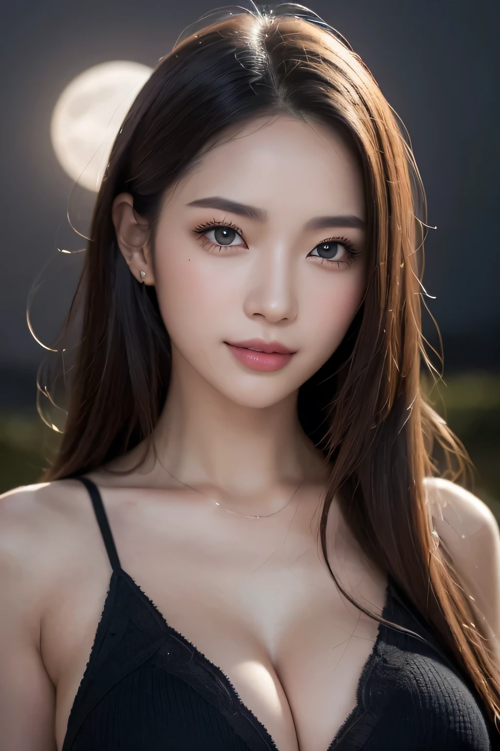 Body portrait, 8K, thin and beautiful eyes, Dindal effect, masterpiece, top quality, high quality, high resolution, very detailed photo, (natural skin texture, fine skin, hyper realism, super sharpness), high detail skin, (very fine, fine skin texture, intricate details, beautiful face, (realistic face), realistic eyes, beautifully detailed eyes, realistic skin, beautiful skin, surreal, very detailed Golden ratio, smiling eyes, ((night moonlight background) )), body portrait, G cup, big breasts, huge breasts, big breasts, glamorous, sexy knit dress,