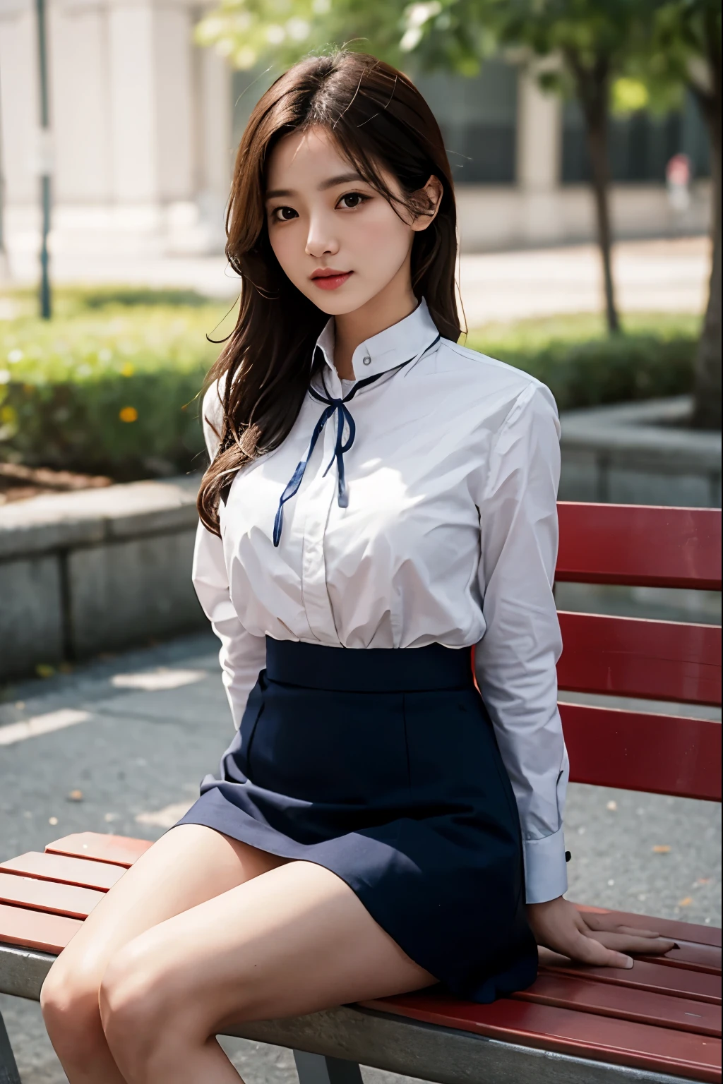 An office lady sitting on a park bench and showing her panties、