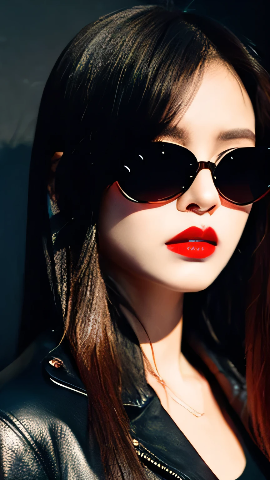 Female, Stylish, Foxy pitch black sunglasses, dark hair, leather jacket, long straight hair, bright red lips, dark background, glaring