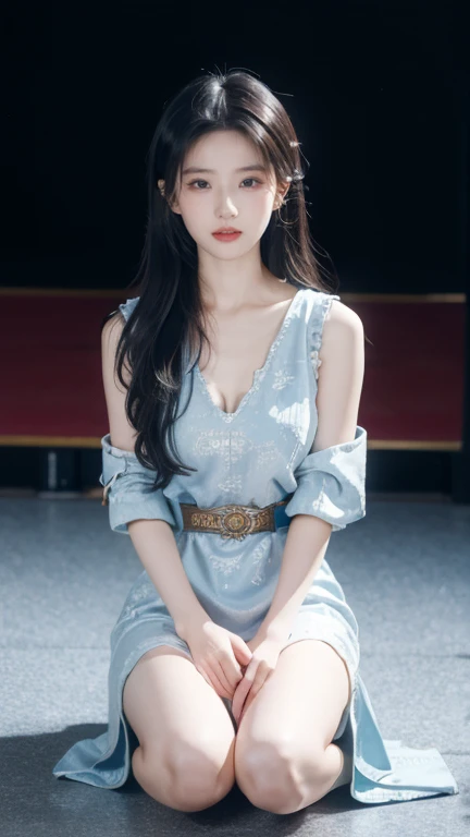 best quality,HDR,super high quality,8K,Vibrant colors,solitary,Medium shot,(1 girl:1.5),(kneel:1.3),From the front,Soft Light,(looking at the audience:1.6),elegant,detailed gorgeous face,(Simple background:1.1),Cowboy shooting,rc,hollow clothes，Slim Fit Chinese Dress,Revealing clothes，Black long hair，Natural skin texture，Realistic eYes and facial details，Pretty Face，Huge breasts，Thin waist，Bare Legs，Gentle sister，Obedient personality，Obey everything，sit down、Obey everything、obedient nature，Likeable，付出型性格和Likeable的个性，Obey everything，sit down、Likeable，Absolute obedience，Absolute obedience，Willing to give everything，Waiting for command，Full body view